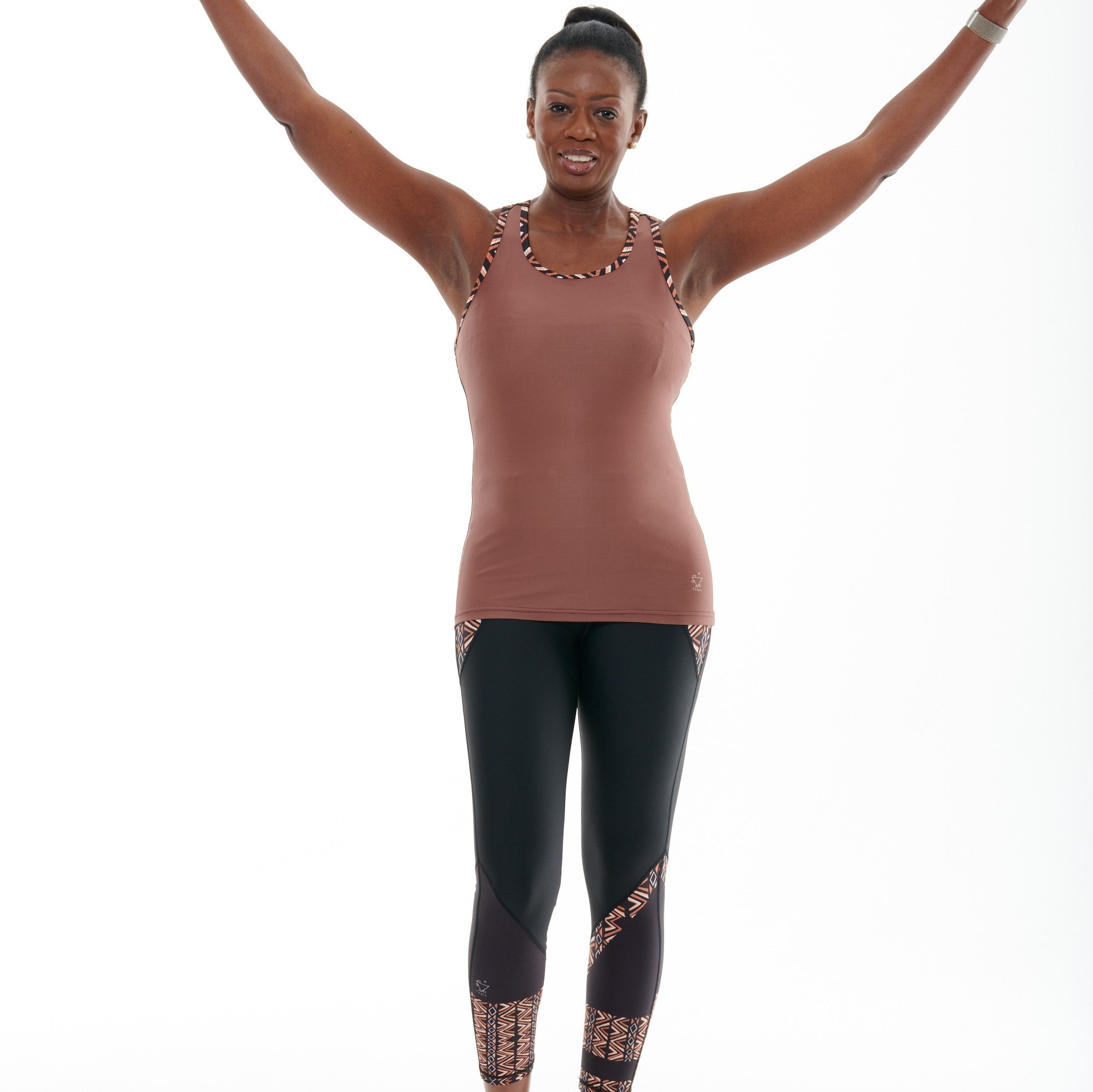 Ibeekay Muscle V vest in brown and orange with black and white accents, designed for activewear and workouts.