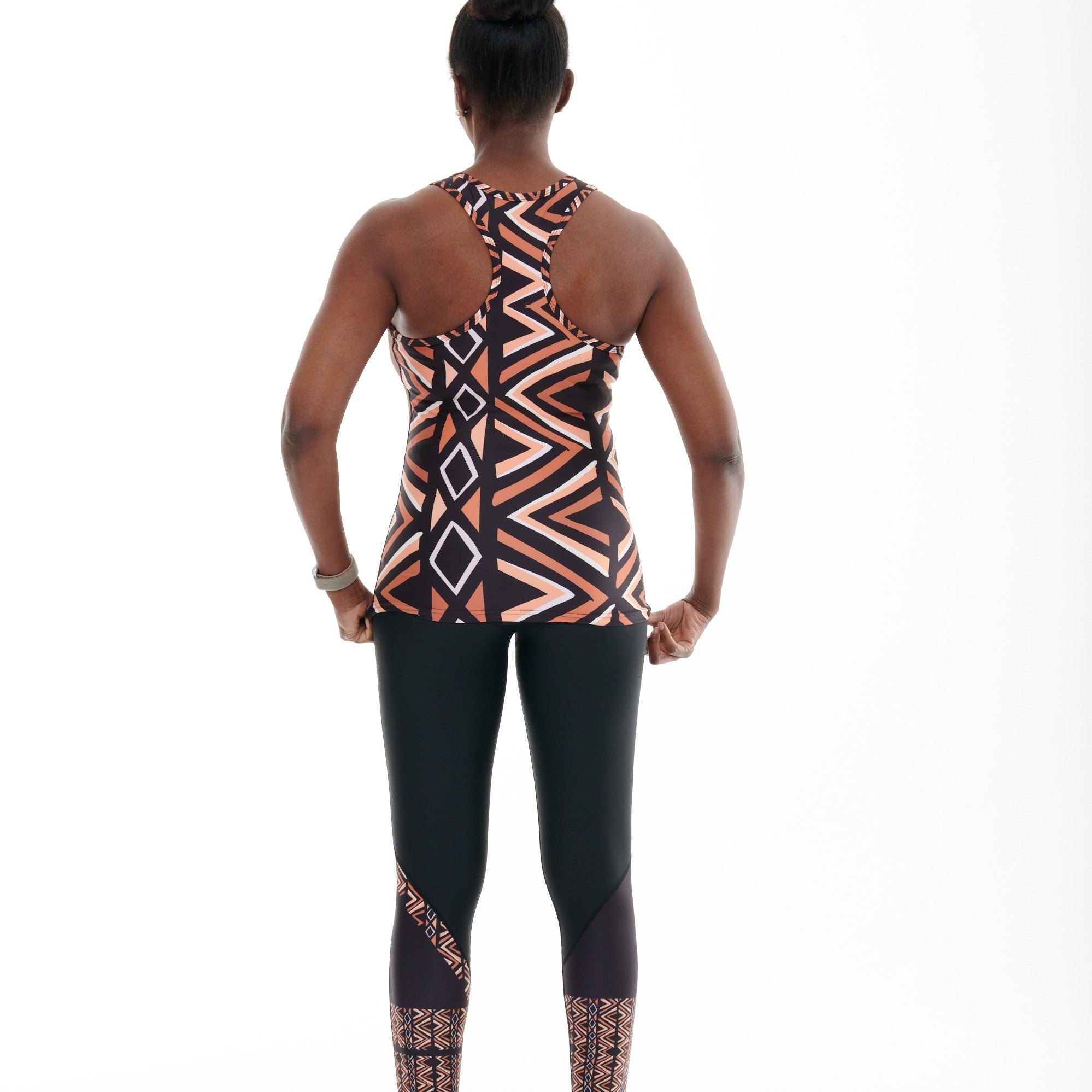 Ibeekay Muscle V vest in brown and orange with black and white accents, designed for activewear and workouts.