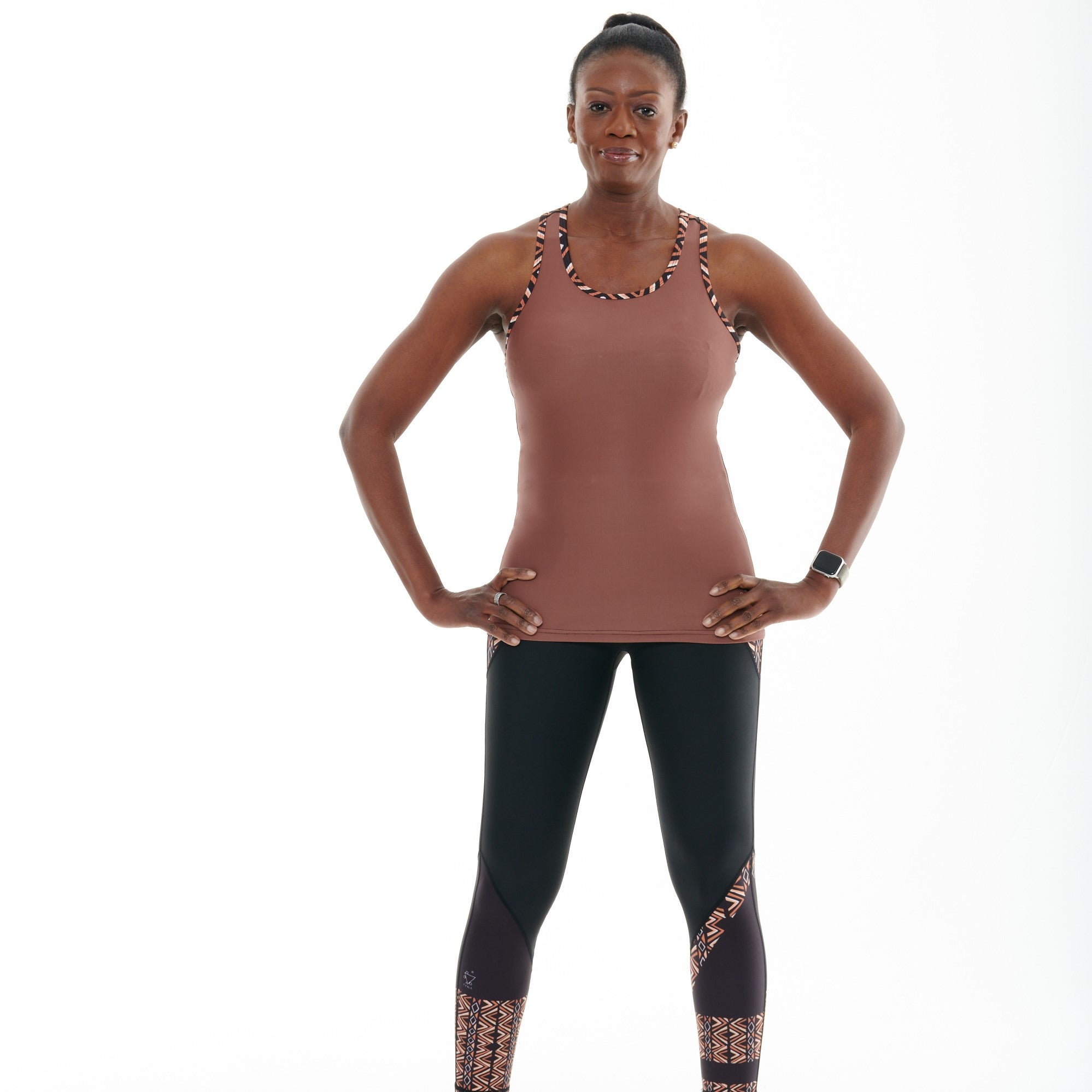 Ibeekay Muscle V vest in brown and orange with black and white accents, designed for activewear and workouts.