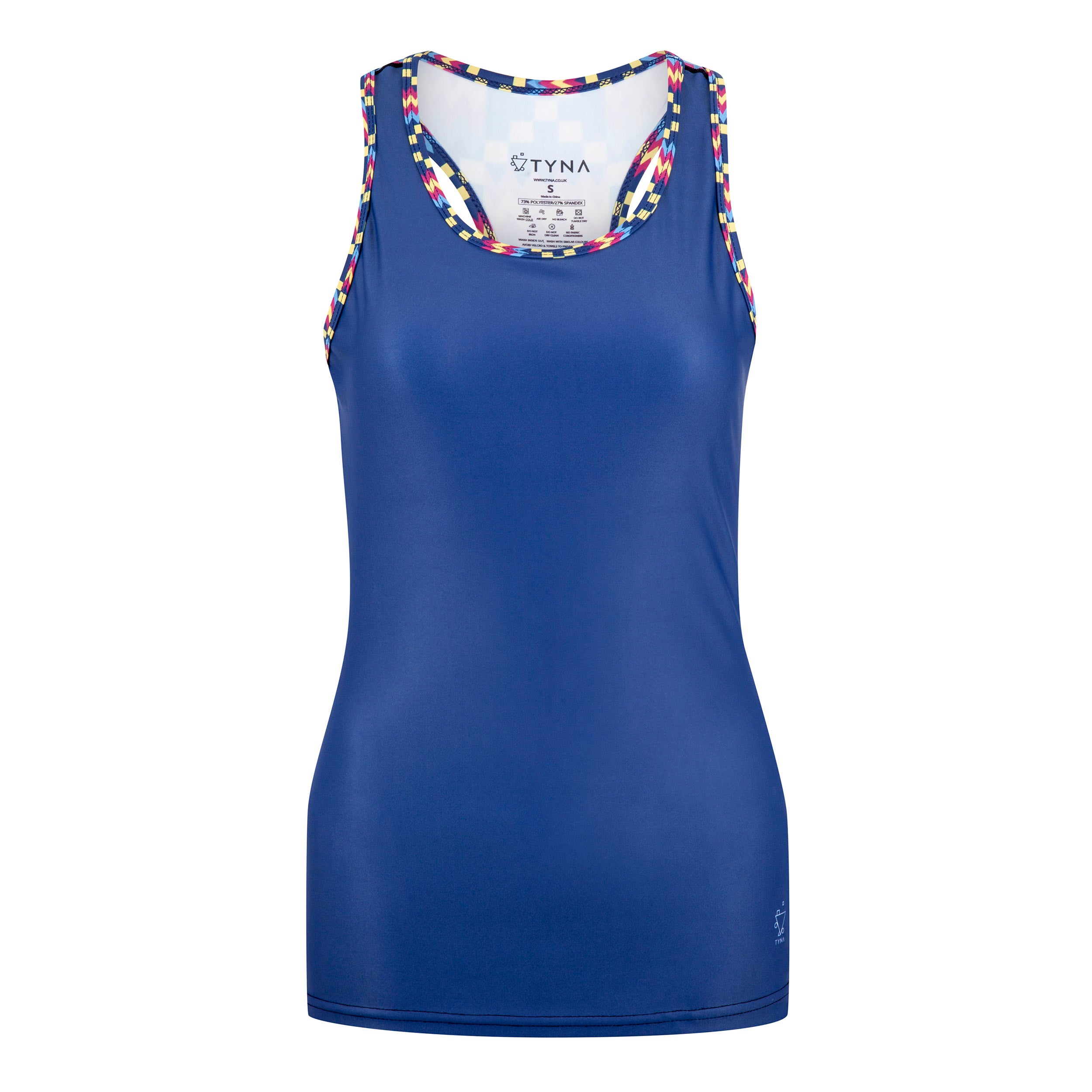 Kayentee Cerulean Muscle V vest in vibrant Cerulean Blue with accents of Cerise, Black, and Yellow, showcasing a slim fit design ideal for workouts.