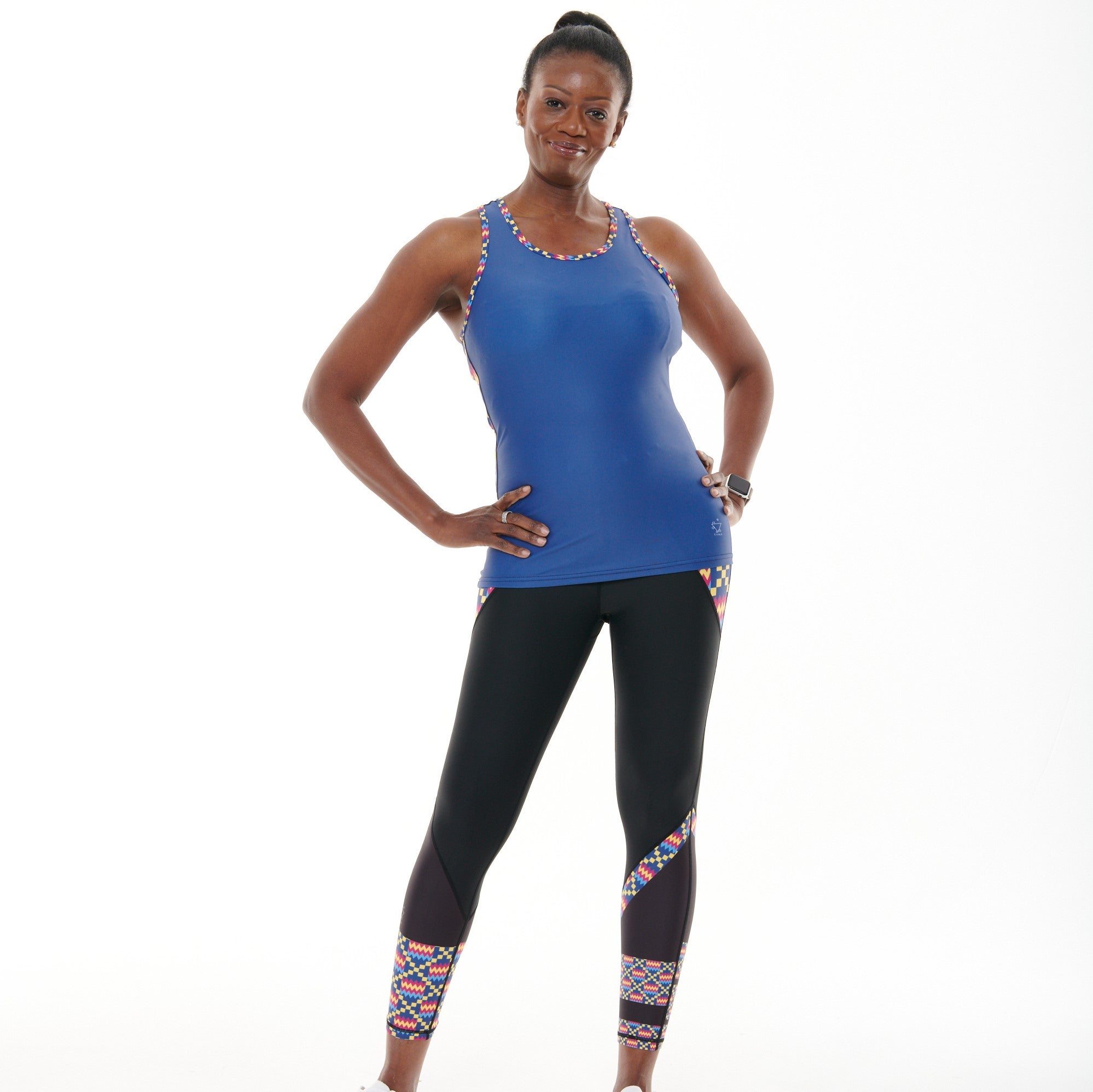 Kayentee Cerulean Muscle V vest in vibrant Cerulean Blue with accents of Cerise, Black, and Yellow, showcasing a slim fit design ideal for workouts.