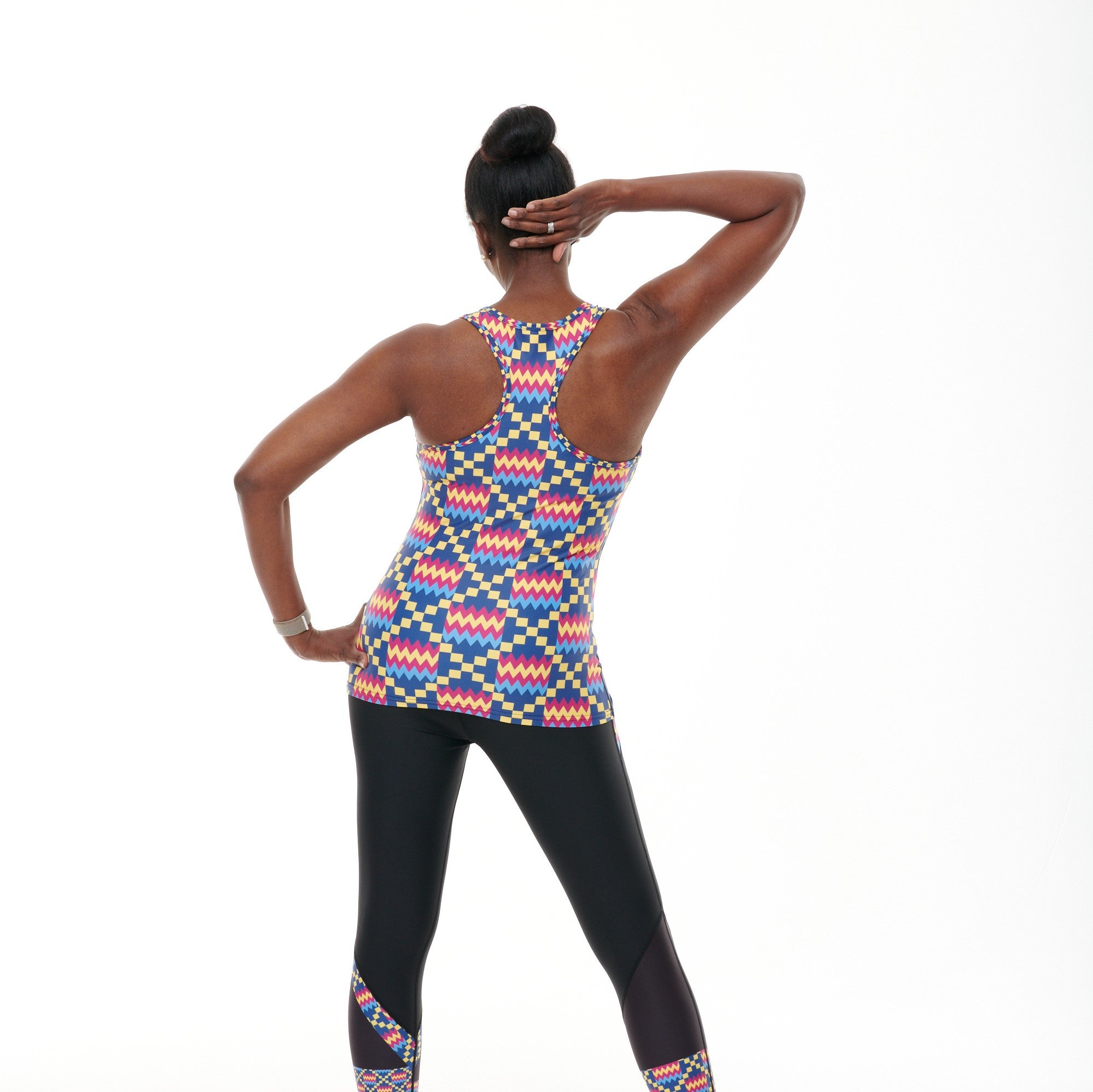 Kayentee Cerulean Muscle V vest in vibrant Cerulean Blue with accents of Cerise, Black, and Yellow, showcasing a slim fit design ideal for workouts.