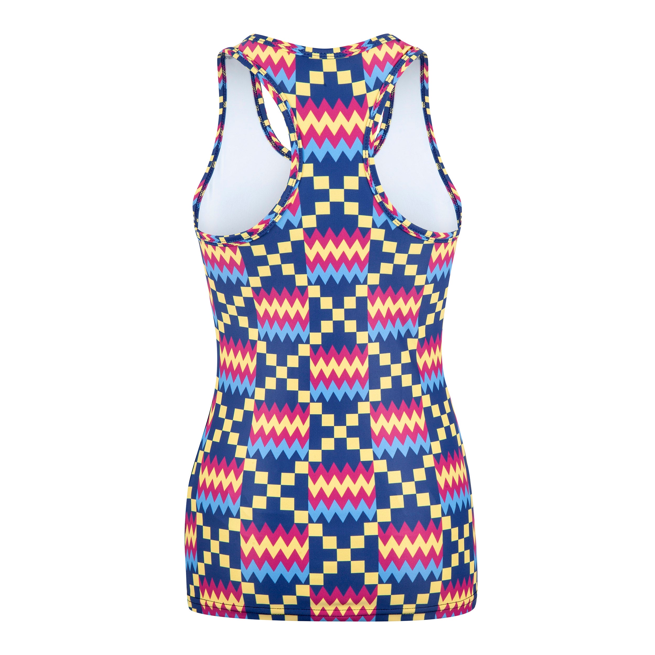 Kayentee Cerulean Muscle V vest in vibrant Cerulean Blue with accents of Cerise, Black, and Yellow, showcasing a slim fit design ideal for workouts.