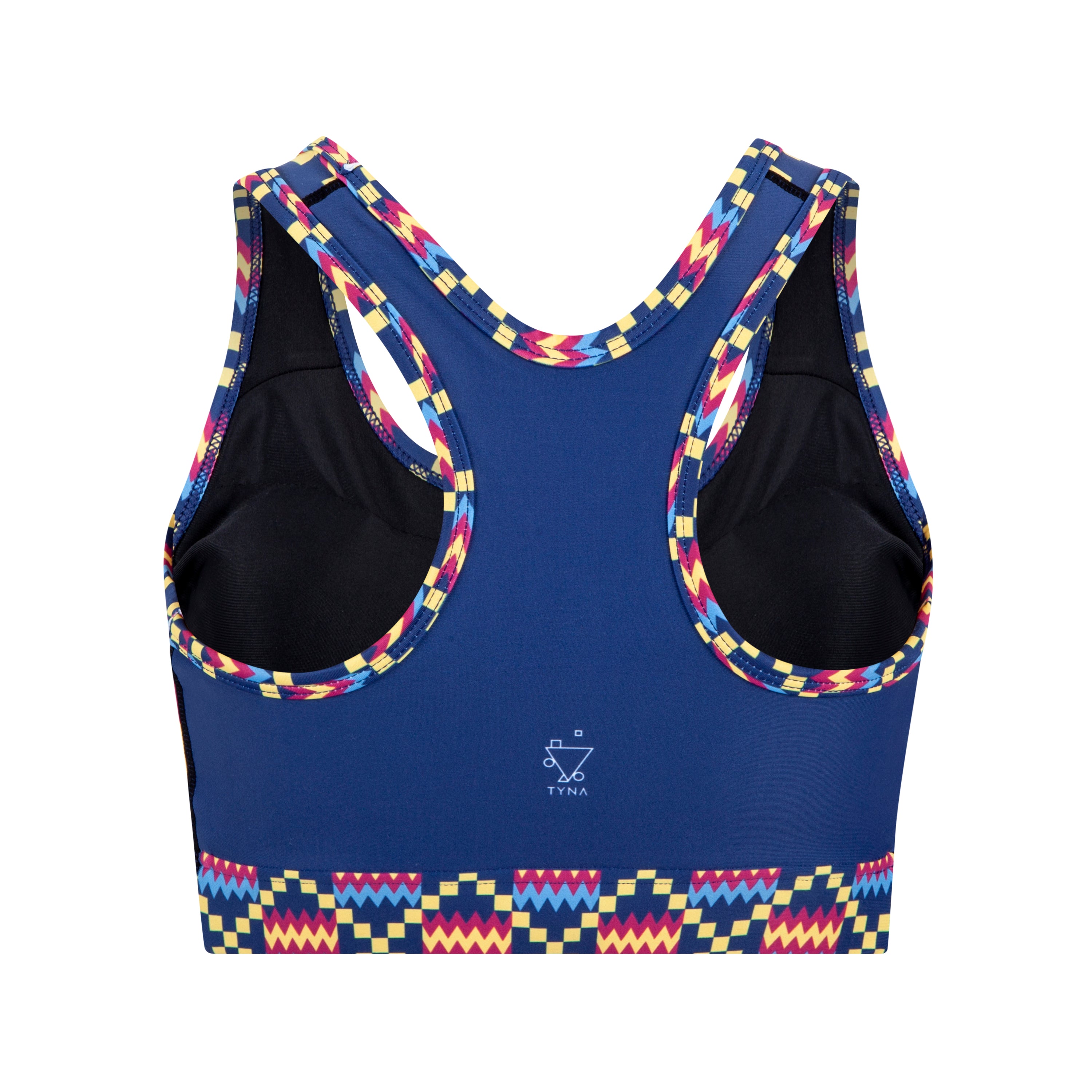 Kayentee Cerulean Sports Bra featuring bold Cerulean Blue with accents of Cerise, Black, and Yellow, designed with patterned detailing and racerback style.