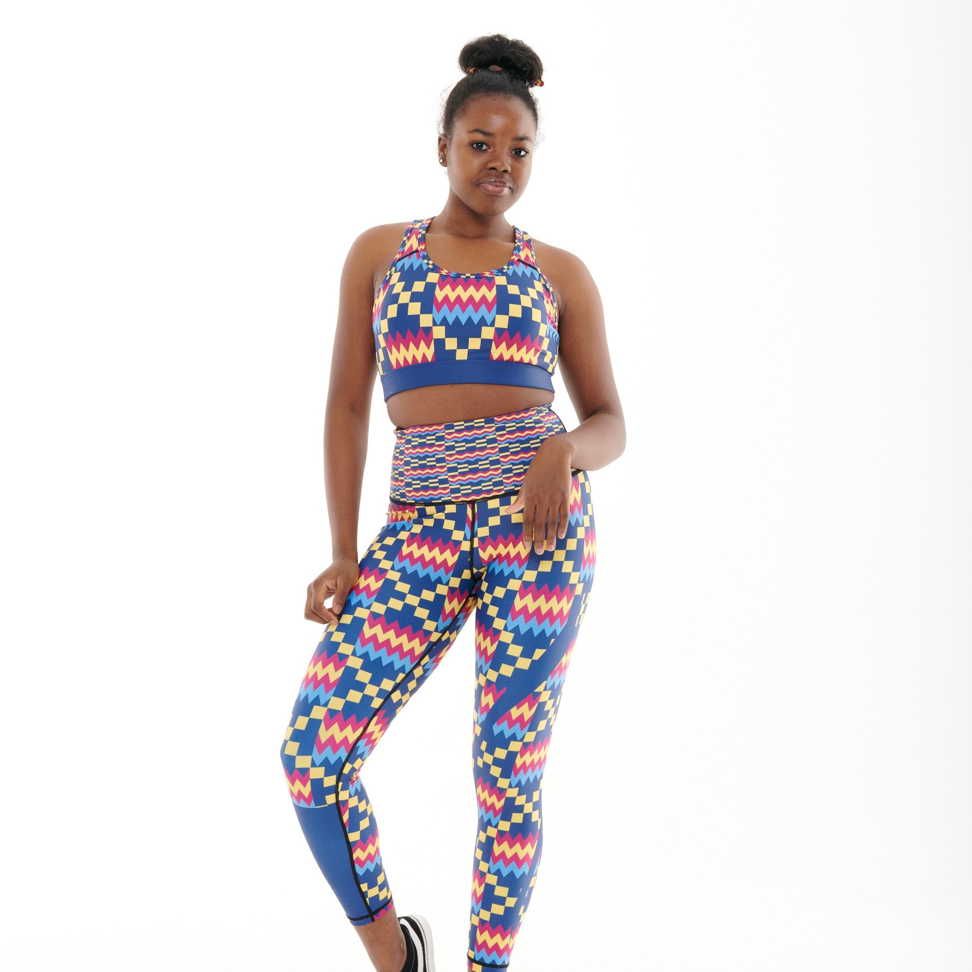 Kayentee Cerulean Vibrant Leggings featuring bold Cerulean Blue, Cerise, Black, and Yellow colors with a high stretch fabric and engineered waistband.