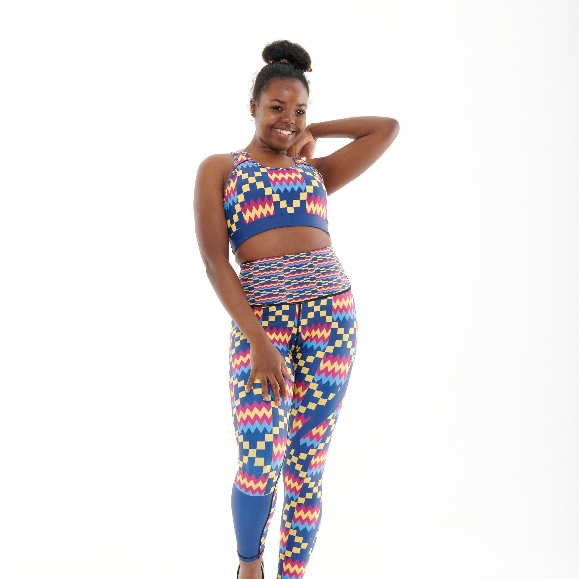 Kayentee Cerulean Vibrant Leggings featuring bold Cerulean Blue, Cerise, Black, and Yellow colors with a high stretch fabric and engineered waistband.