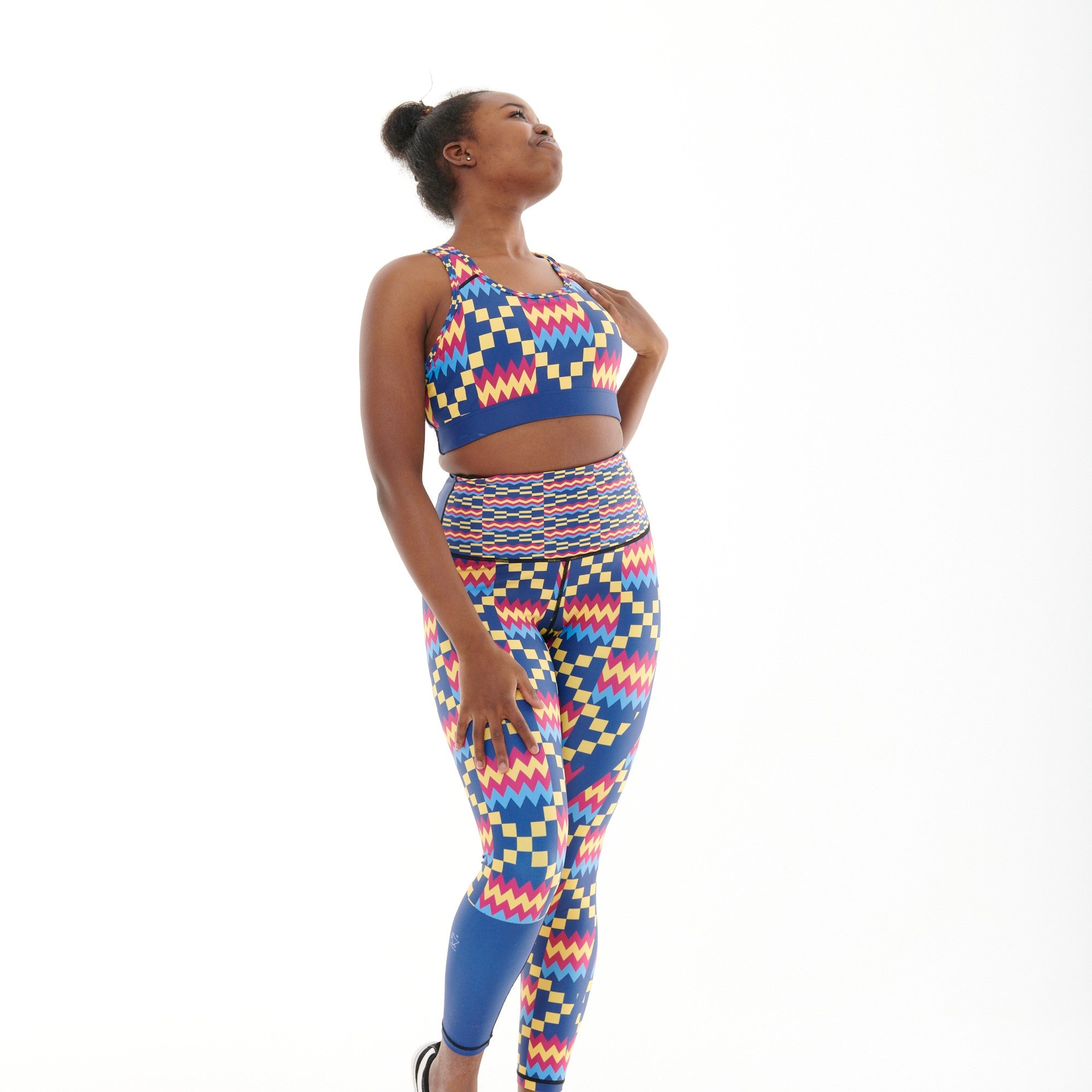 Kayentee Cerulean Vibrant Leggings featuring bold Cerulean Blue, Cerise, Black, and Yellow colors with a high stretch fabric and engineered waistband.