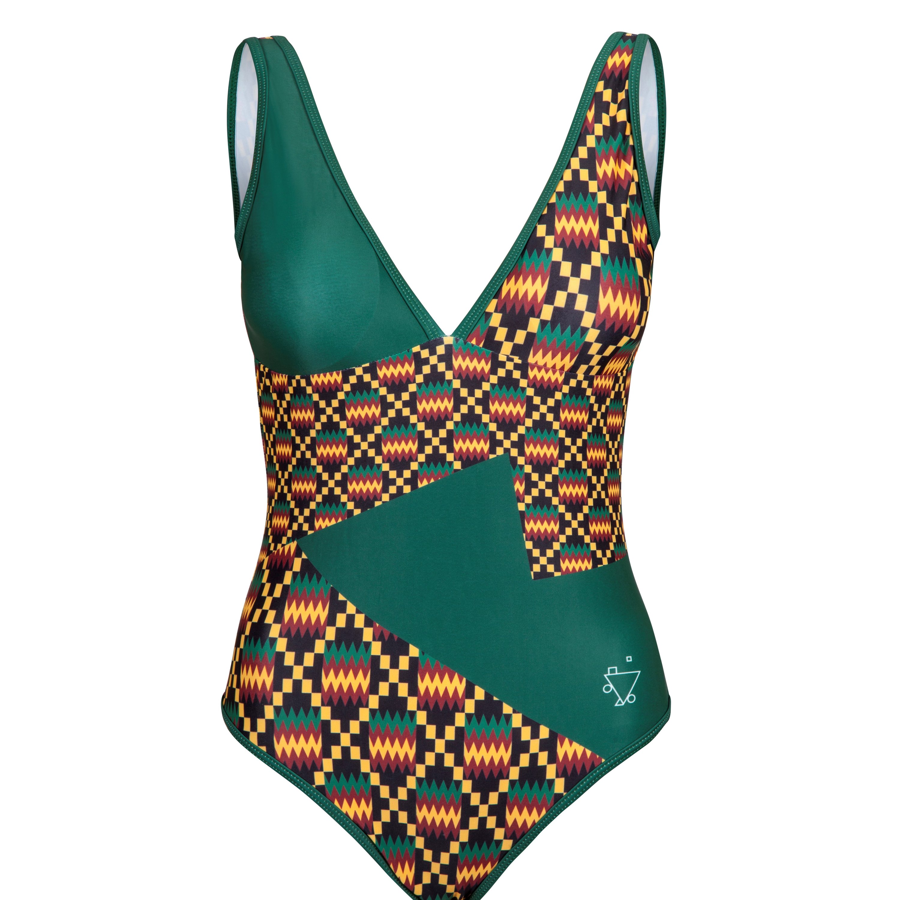 A stylish Kayentee Green One Piece swimsuit featuring a bold geometric pattern inspired by Kente cloth, perfect for beach and pool activities.