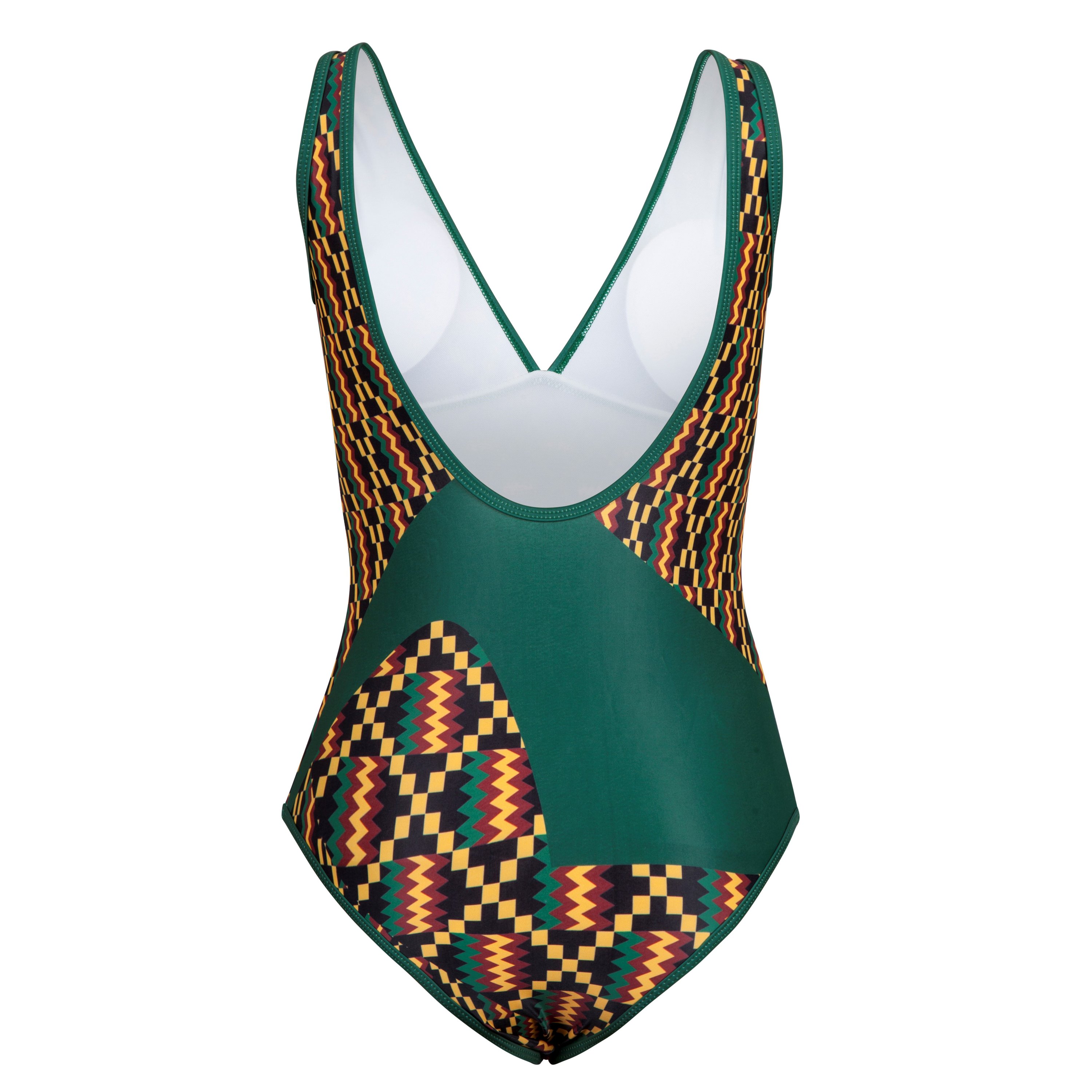 A stylish Kayentee Green One Piece swimsuit featuring a bold geometric pattern inspired by Kente cloth, perfect for beach and pool activities.