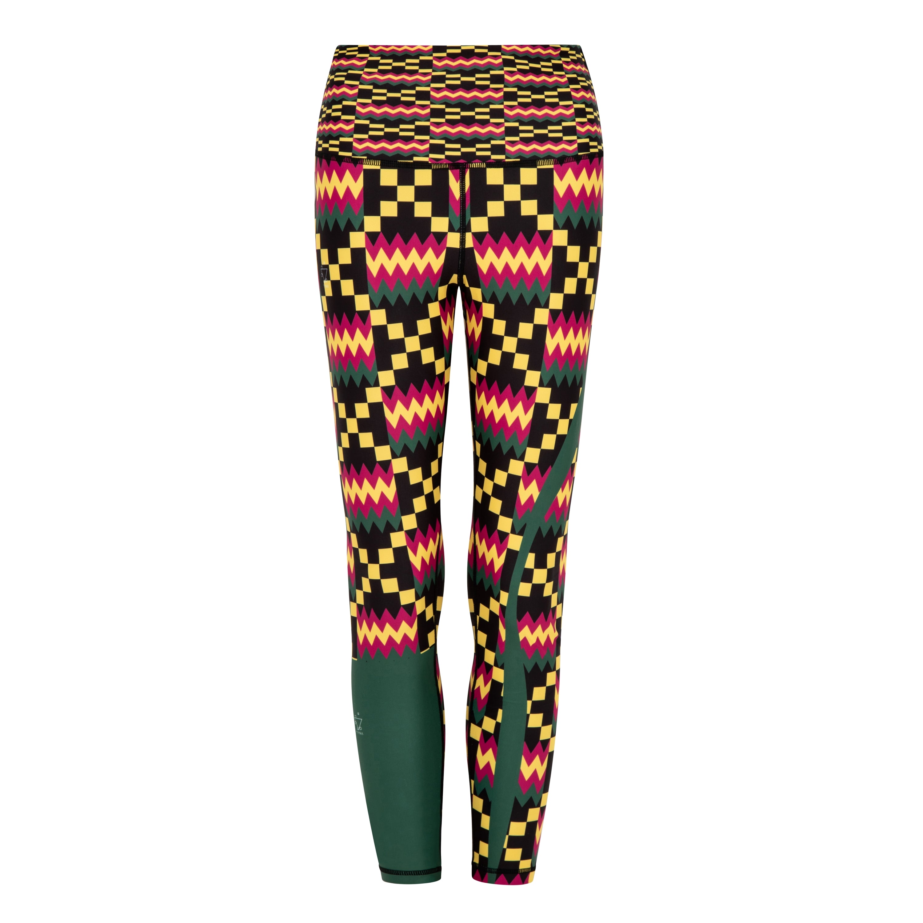 Kayentee Green Vibrant Leggings featuring bold Cerulean Blue, Cerise, Black, and Yellow geometric patterns, designed for comfort and style.