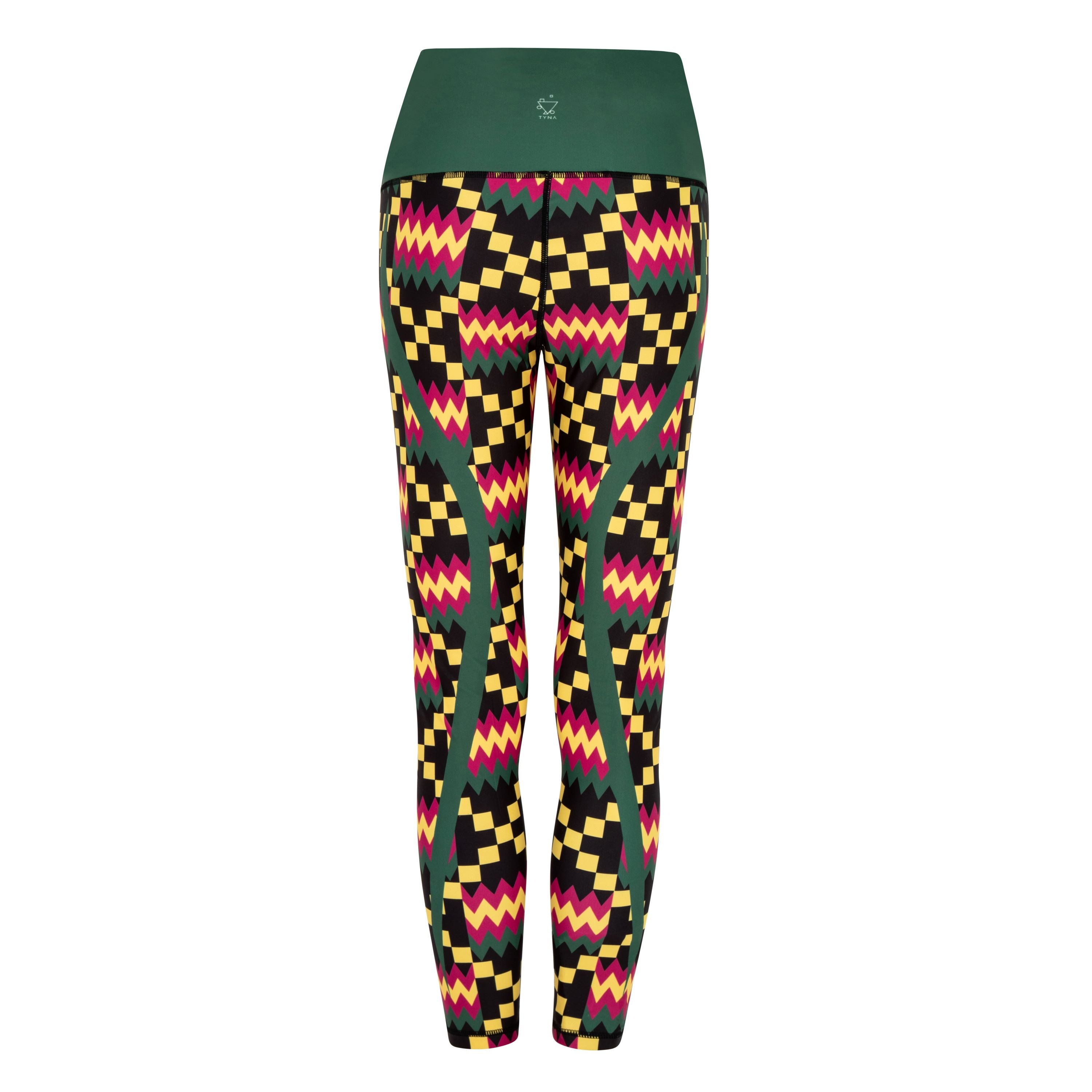 Kayentee Green Vibrant Leggings featuring bold Cerulean Blue, Cerise, Black, and Yellow geometric patterns, designed for comfort and style.