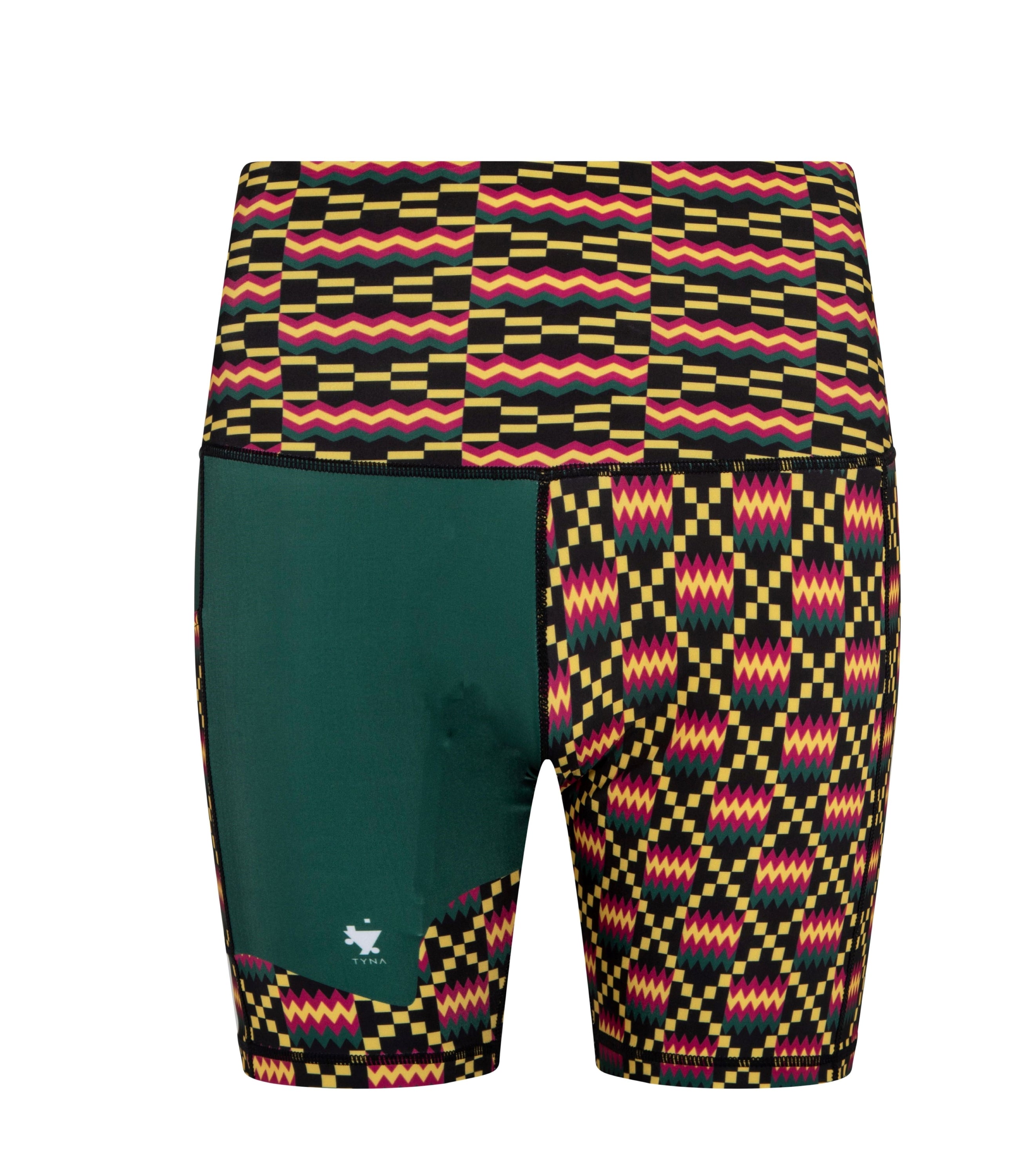 Kayentee High Rise Biker Shorts featuring a vibrant Kente pattern, high waist design, and side pocket for phone storage.