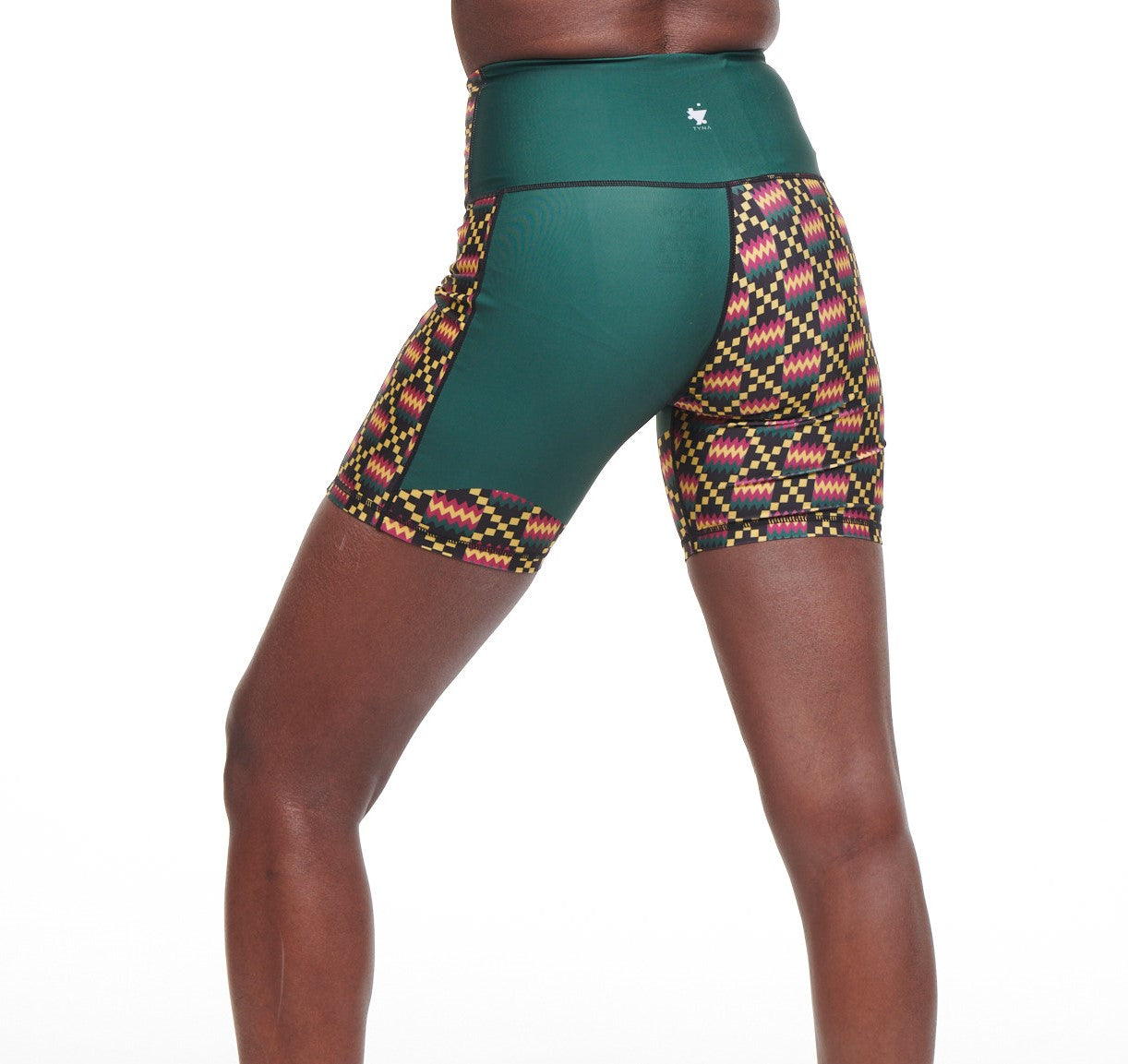 Kayentee High Rise Biker Shorts featuring a vibrant Kente pattern, high waist design, and side pocket for phone storage.