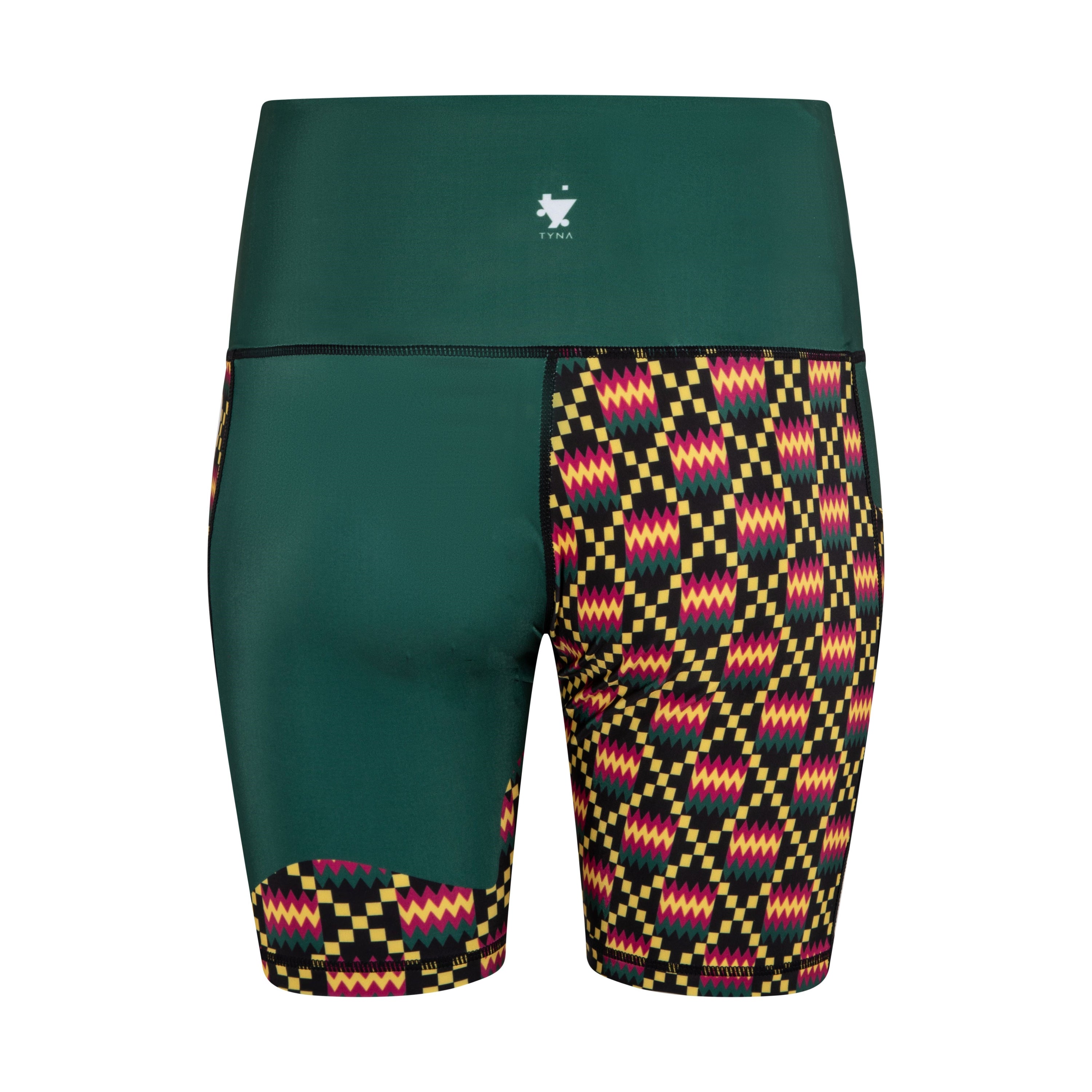 Kayentee High Rise Biker Shorts featuring a vibrant Kente pattern, high waist design, and side pocket for phone storage.