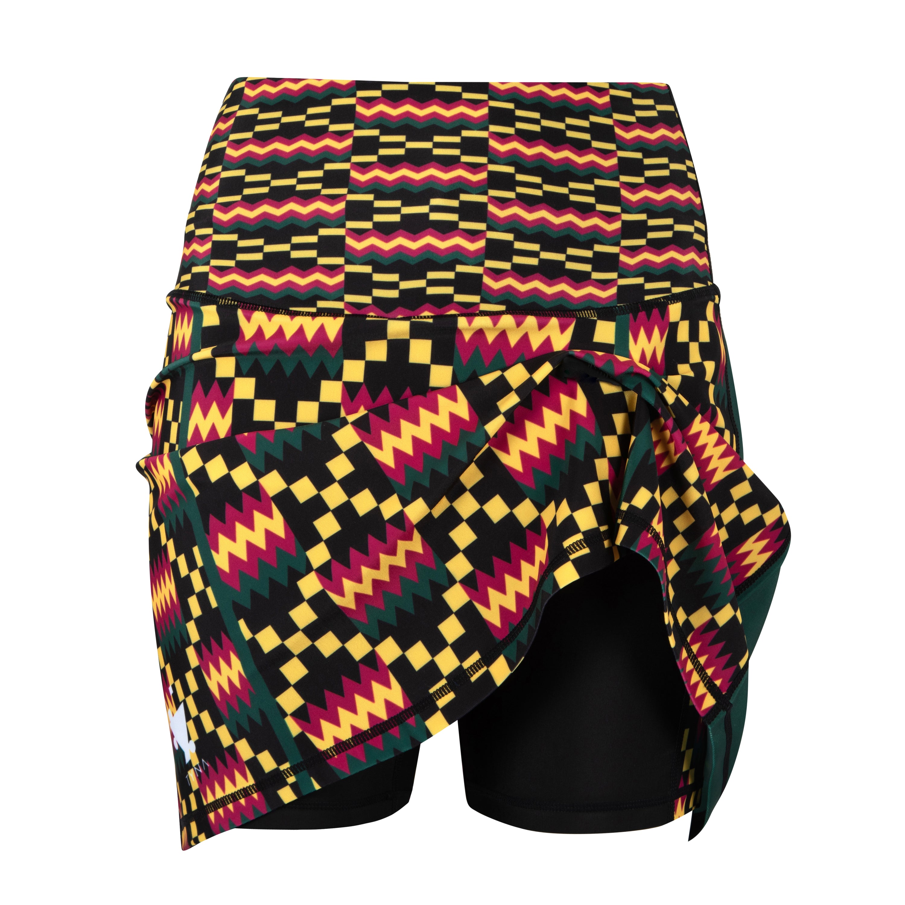 Kayentee High Rise Tennis Skort featuring vibrant Kente cloth-inspired design with compressive biker shorts underneath.