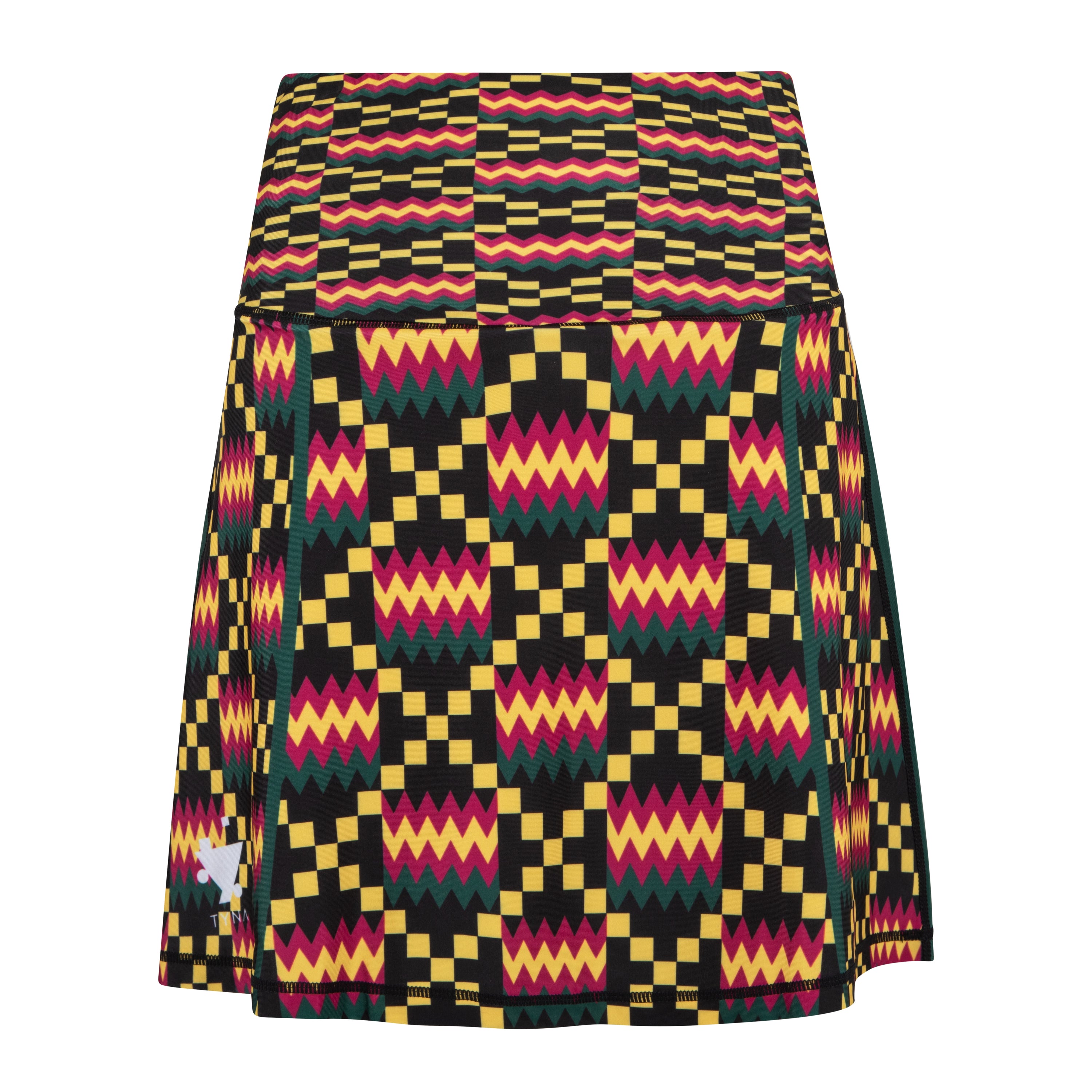 Kayentee High Rise Tennis Skort featuring vibrant Kente cloth-inspired design with compressive biker shorts underneath.