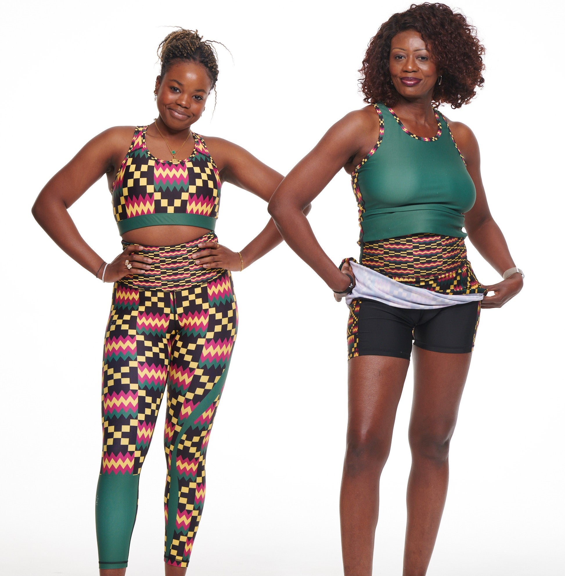 Kayentee High Rise Tennis Skort featuring vibrant Kente cloth-inspired design with compressive biker shorts underneath.