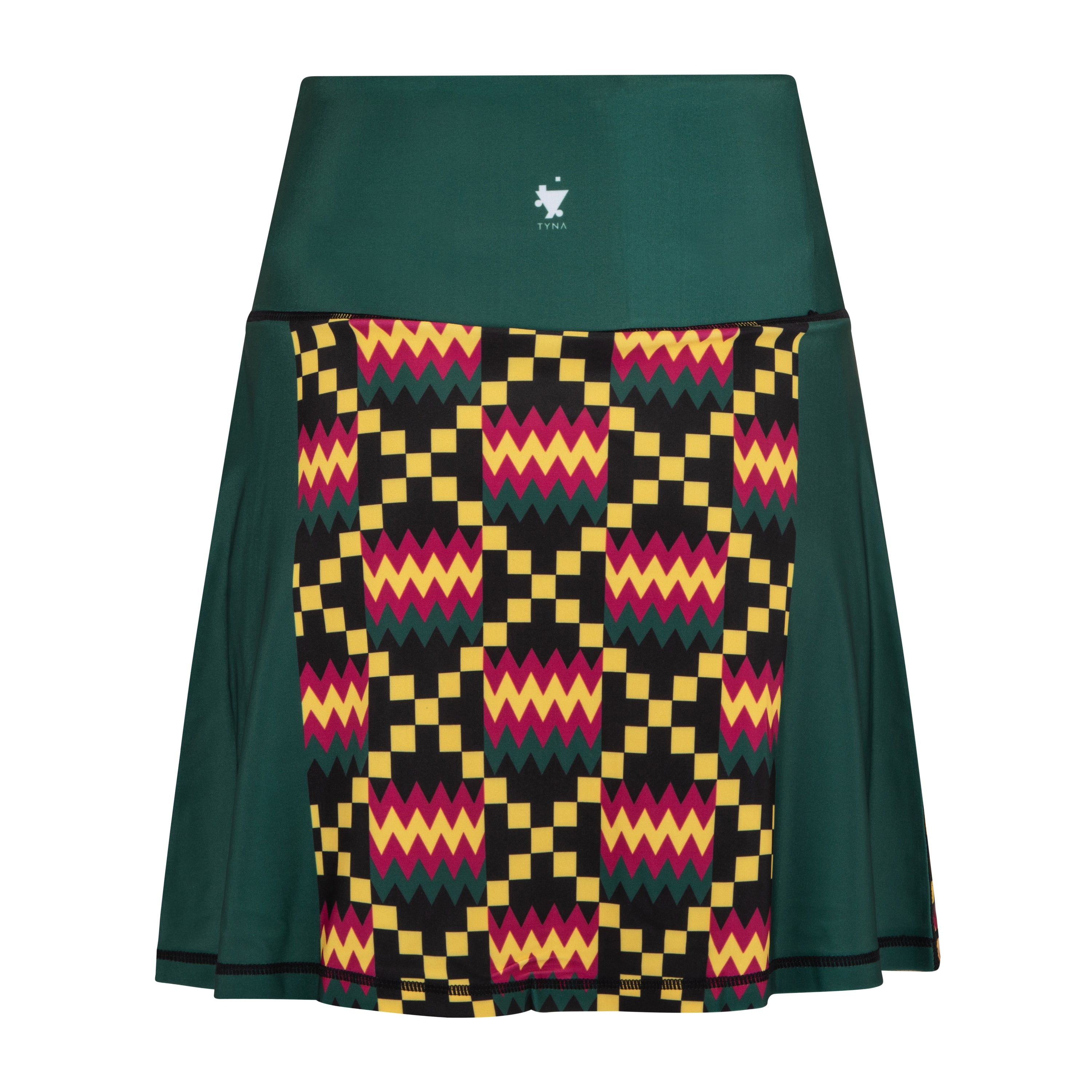 Kayentee High Rise Tennis Skort featuring vibrant Kente cloth-inspired design with compressive biker shorts underneath.