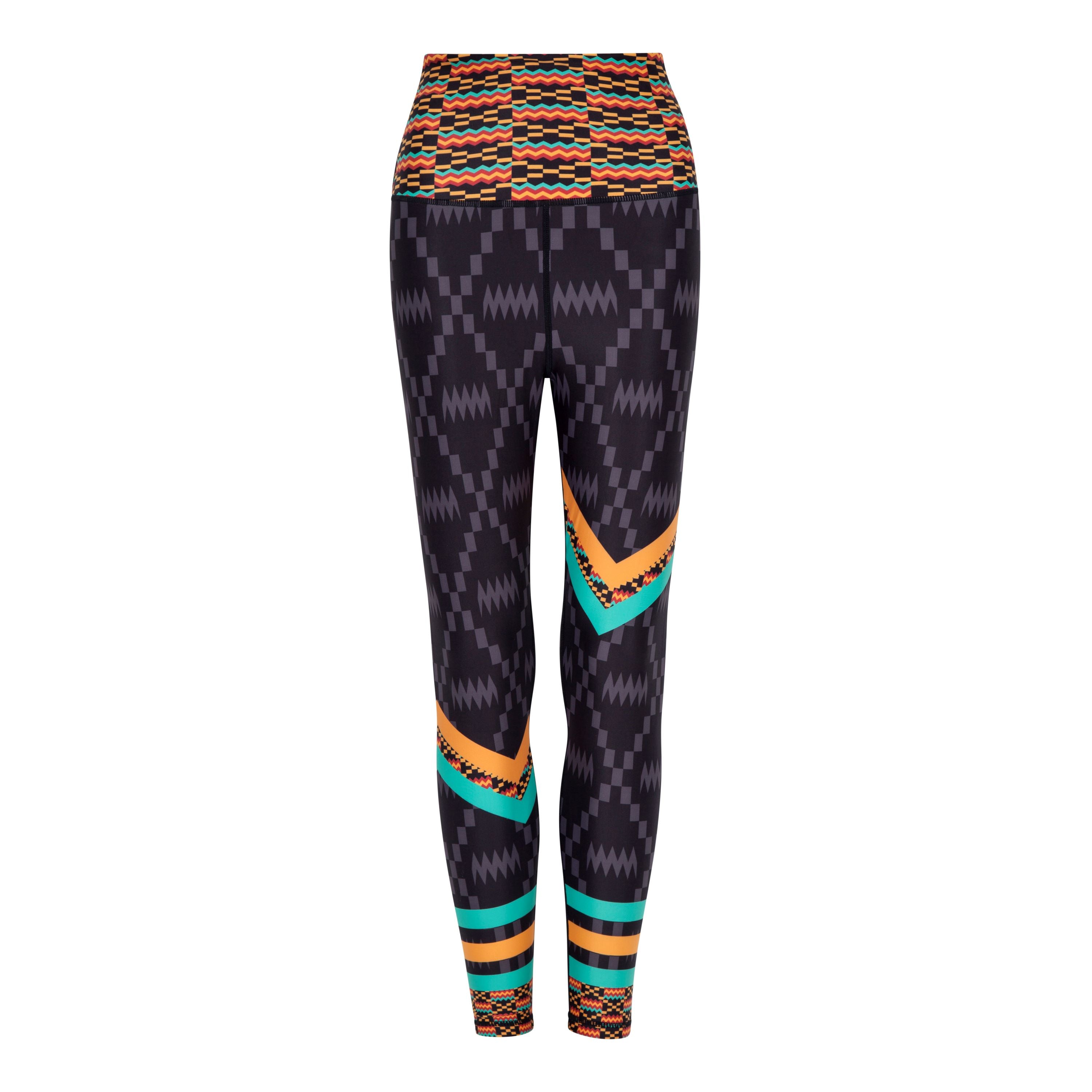 Kayentee Splash Leggings featuring vibrant geometric patterns in black, green, saffron, and flame colors, designed for comfort and style.