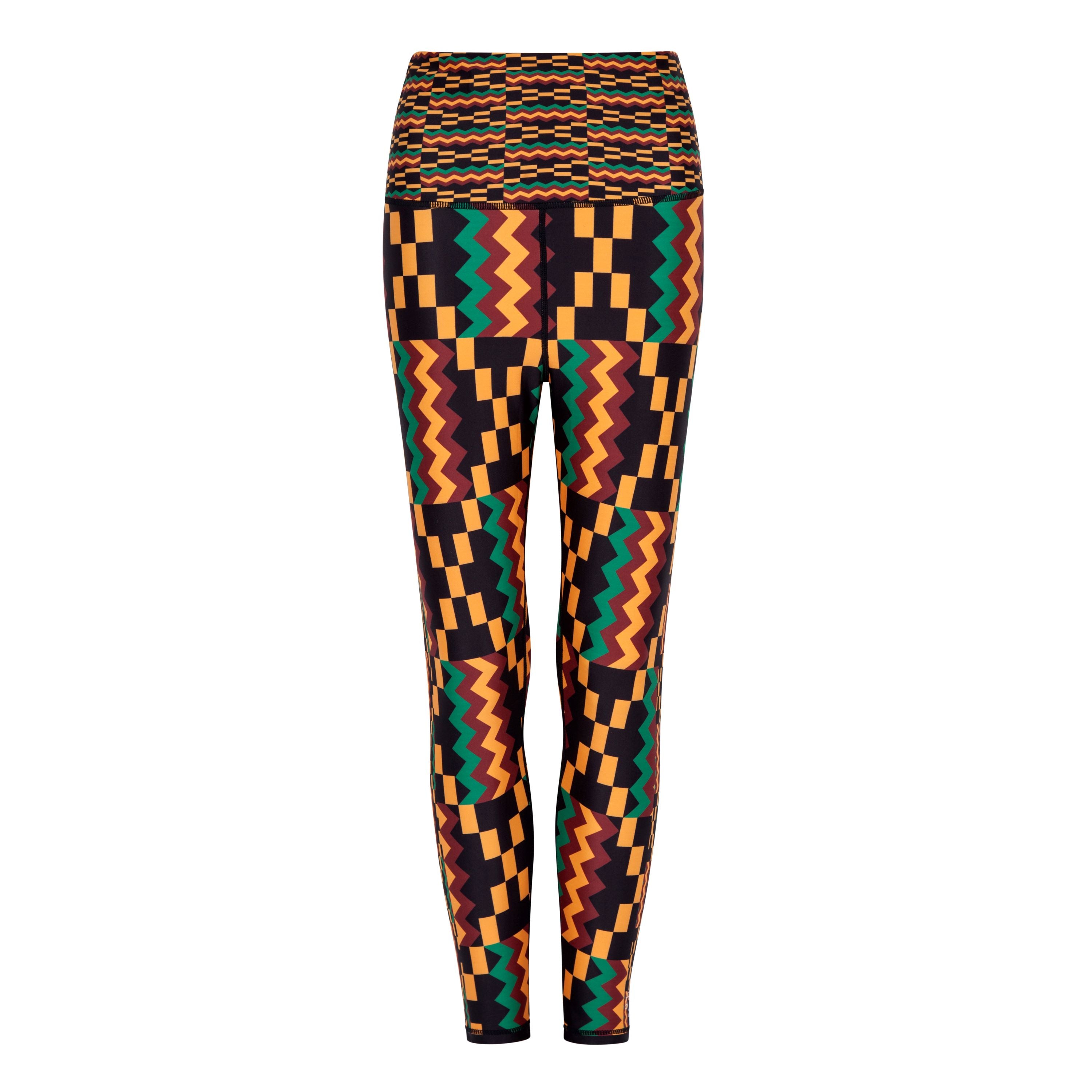 Kayentee Vibrant Leggings featuring bold geometric Kente cloth pattern in black, green, saffron, and flame colors, designed for comfort and performance.