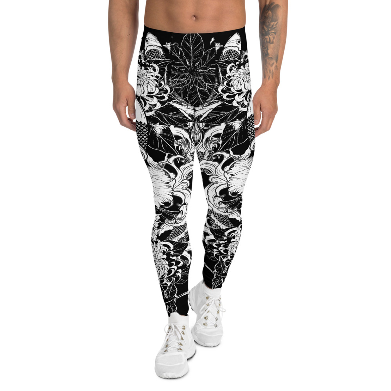 Men's Koi Fish Tattoo Leggings showcasing vibrant colors and a fitted design, perfect for activewear and outdoor activities.