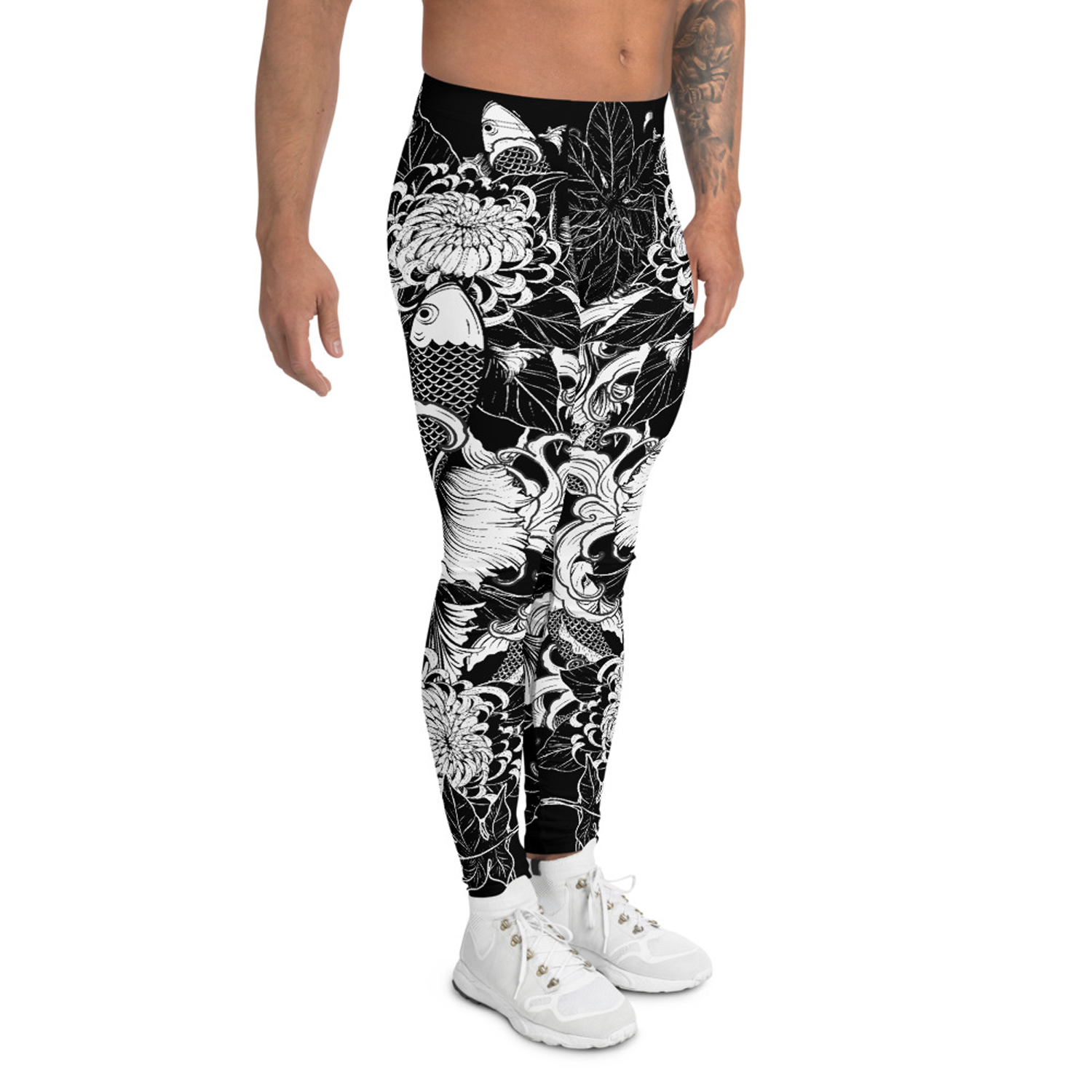 Men's Koi Fish Tattoo Leggings showcasing vibrant colors and a fitted design, perfect for activewear and outdoor activities.