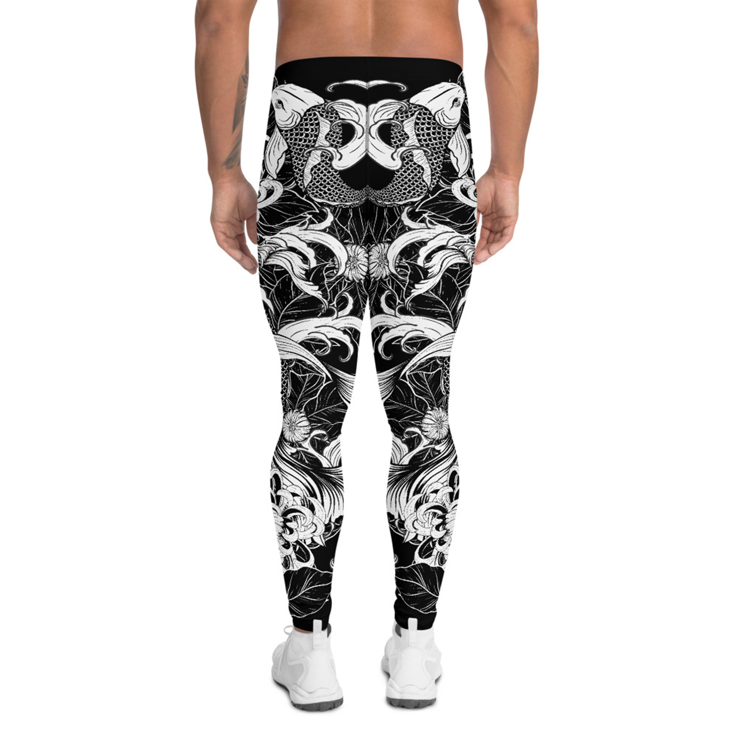 Men's Koi Fish Tattoo Leggings showcasing vibrant colors and a fitted design, perfect for activewear and outdoor activities.