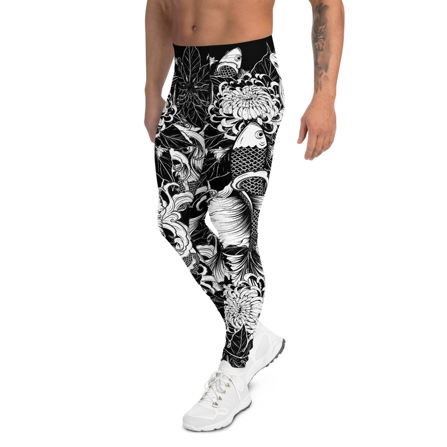 Men's Koi Fish Tattoo Leggings showcasing vibrant colors and a fitted design, perfect for activewear and outdoor activities.