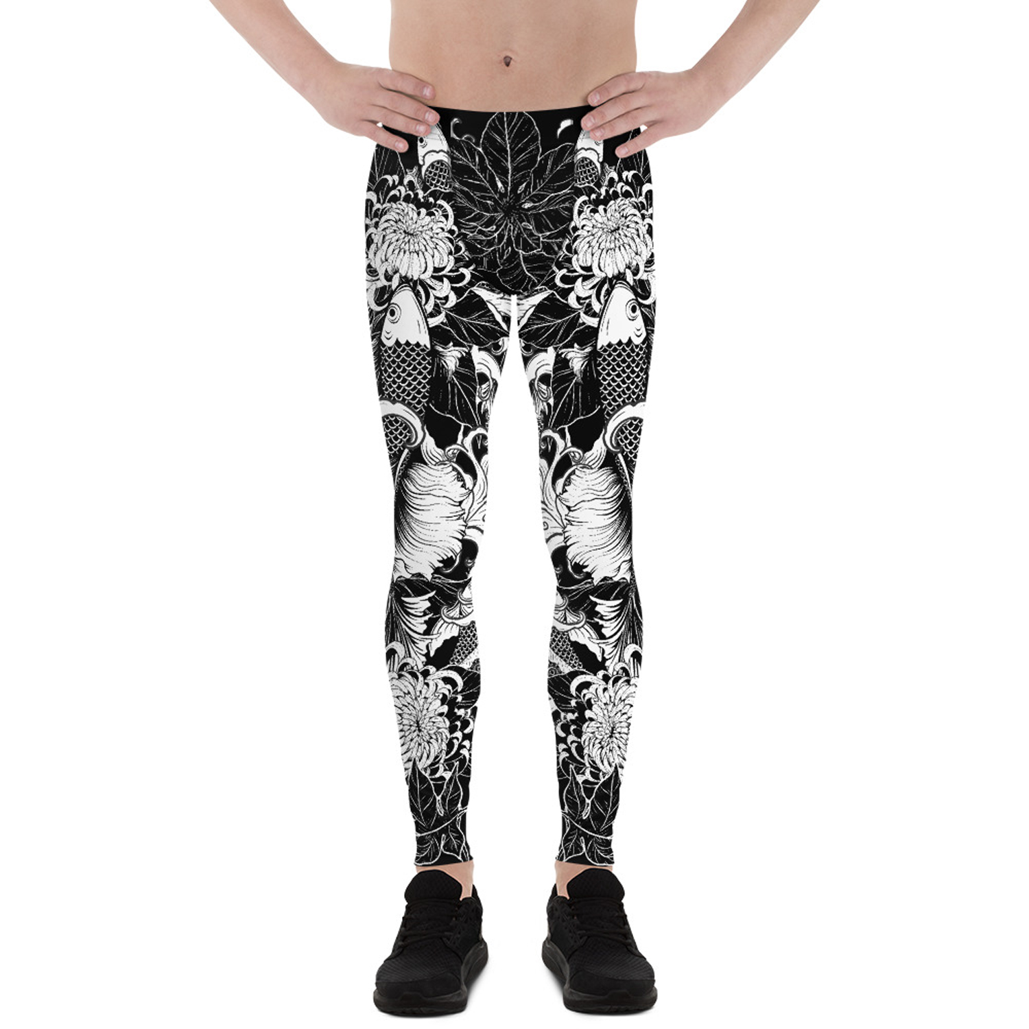 Men's Koi Fish Tattoo Leggings showcasing vibrant colors and a fitted design, perfect for activewear and outdoor activities.