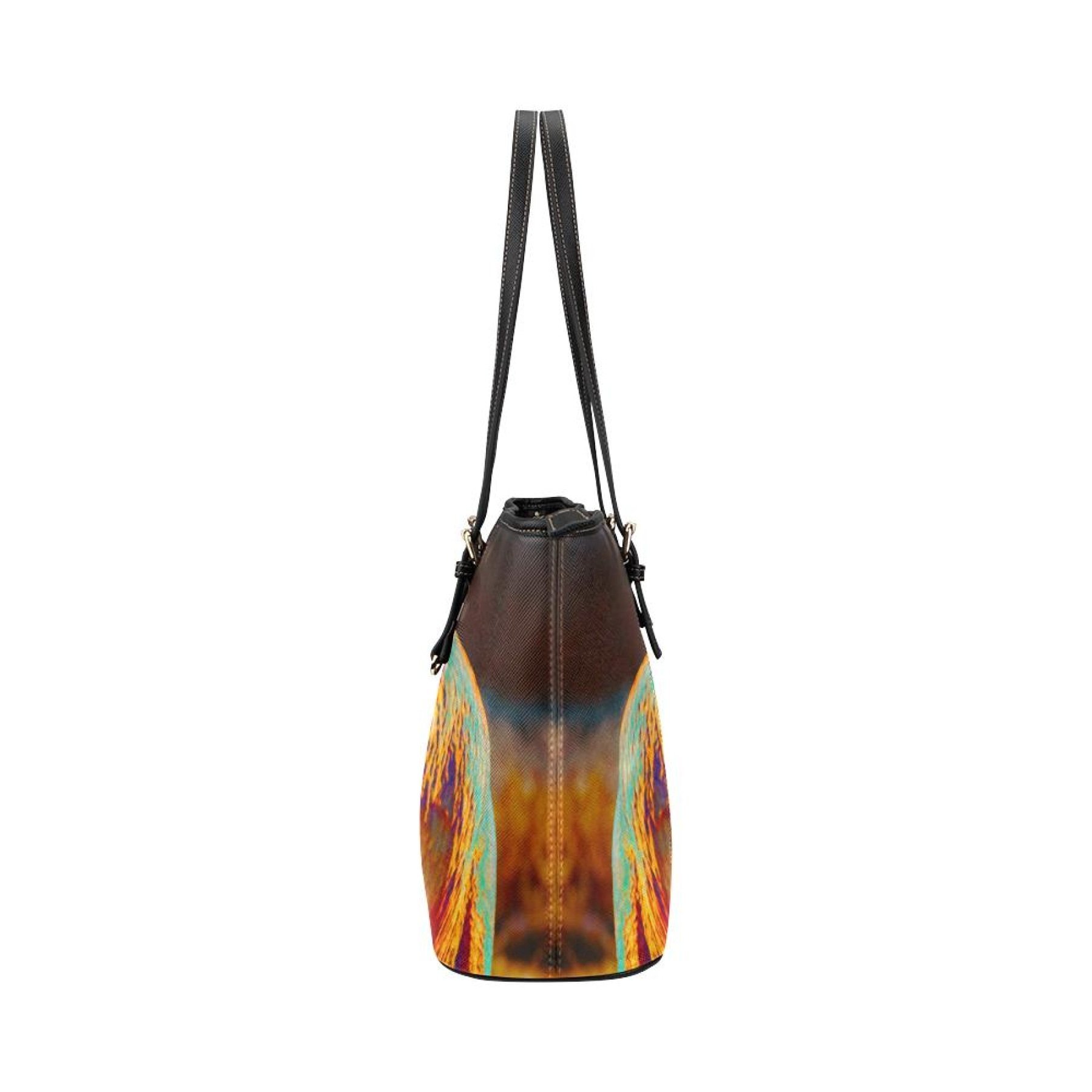 Large leather tote shoulder bag featuring a vibrant multicolor elephant illustration, perfect for stylish everyday use.