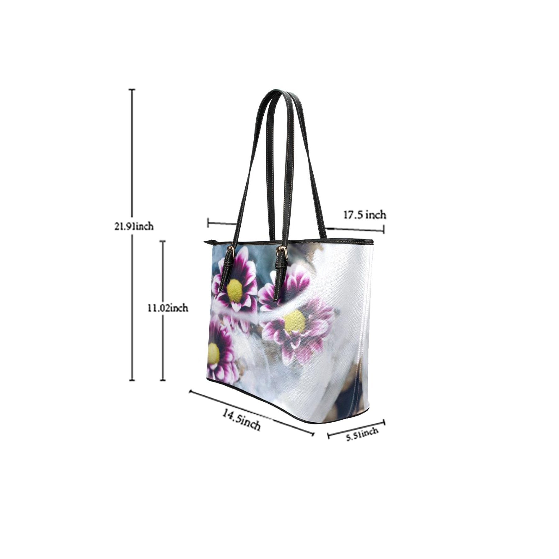 Large leather tote shoulder bag with a purple floral illustration, featuring adjustable straps and a spacious interior.