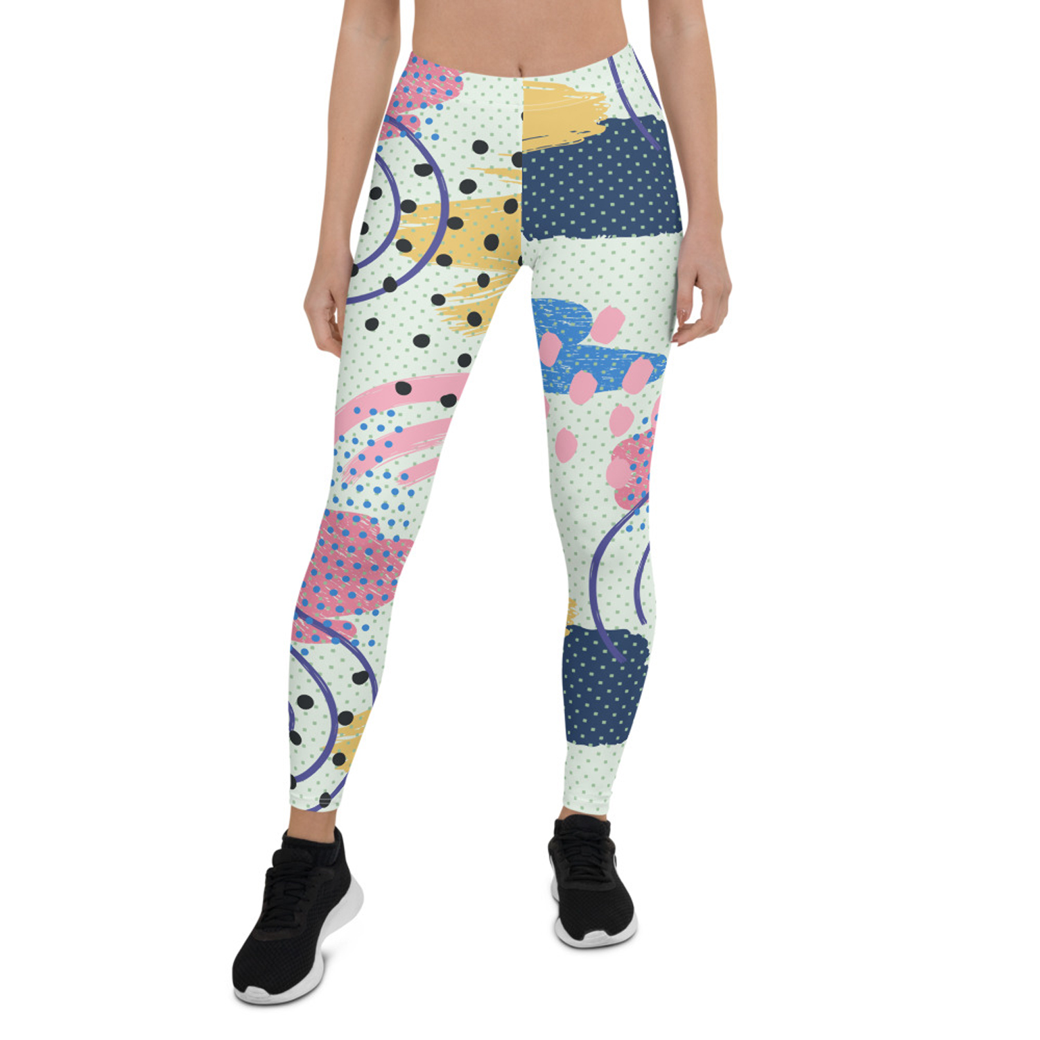 A pair of Memphis Pattern Leggings for Women featuring vibrant, colorful designs, showcasing their unique style and premium quality fabric.