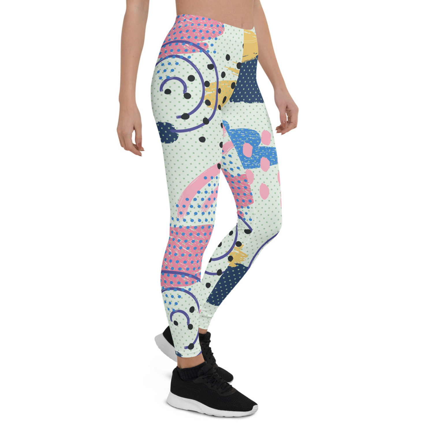 A pair of Memphis Pattern Leggings for Women featuring vibrant, colorful designs, showcasing their unique style and premium quality fabric.