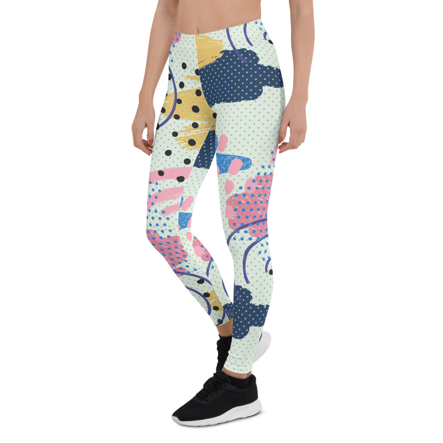 A pair of Memphis Pattern Leggings for Women featuring vibrant, colorful designs, showcasing their unique style and premium quality fabric.