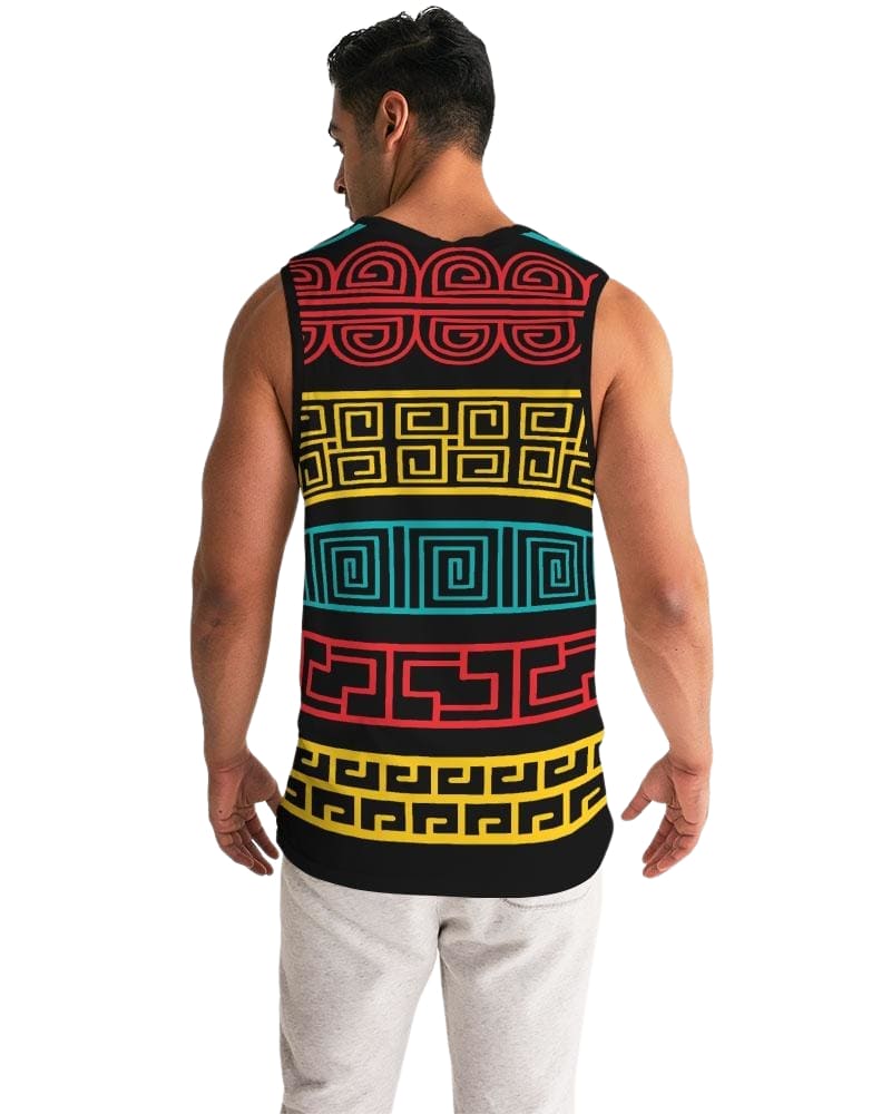 Men's Graphic Tank Top featuring a colorful pattern, soft fabric, and rib-knit trim, ideal for sports and casual wear.