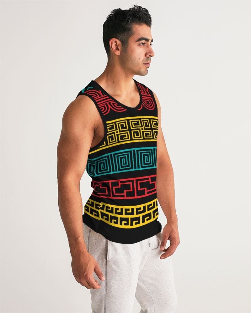 Men's Graphic Tank Top featuring a colorful pattern, soft fabric, and rib-knit trim, ideal for sports and casual wear.