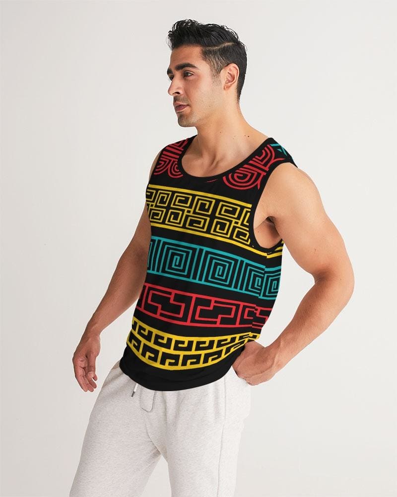 Men's Graphic Tank Top featuring a colorful pattern, soft fabric, and rib-knit trim, ideal for sports and casual wear.