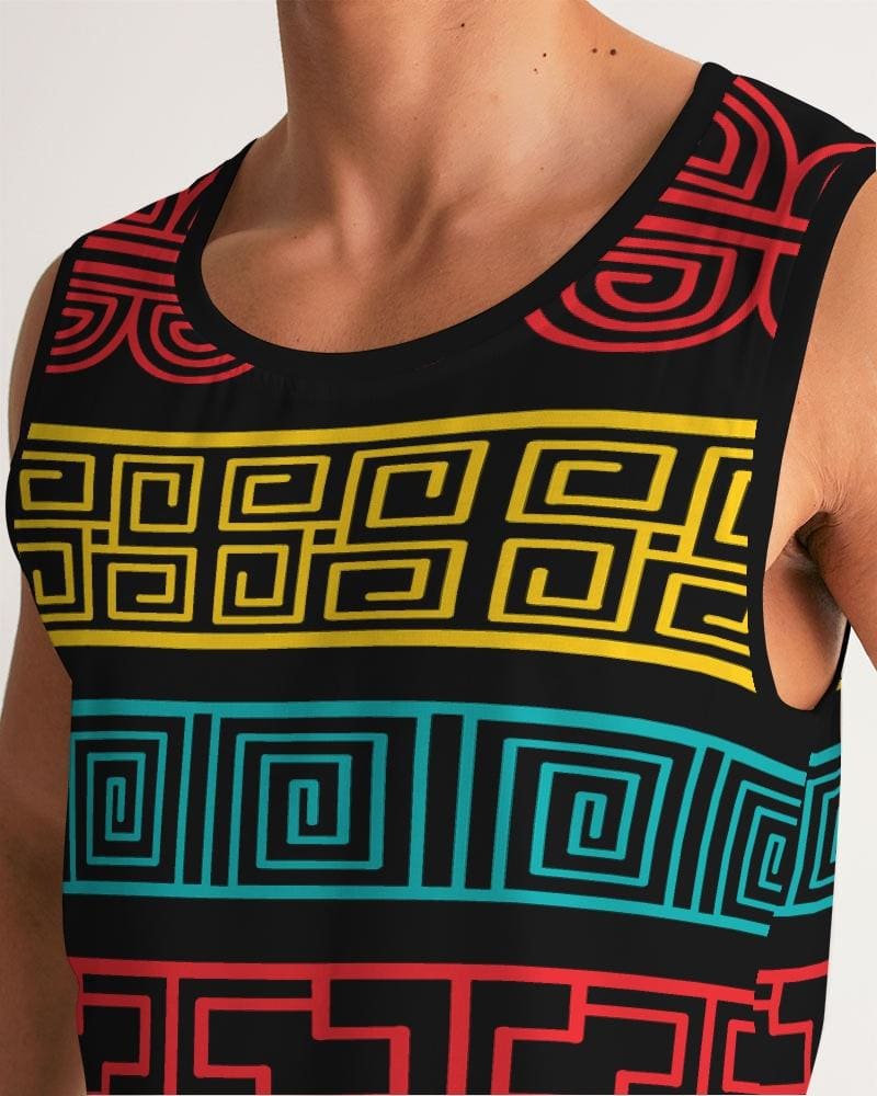 Men's Graphic Tank Top featuring a colorful pattern, soft fabric, and rib-knit trim, ideal for sports and casual wear.