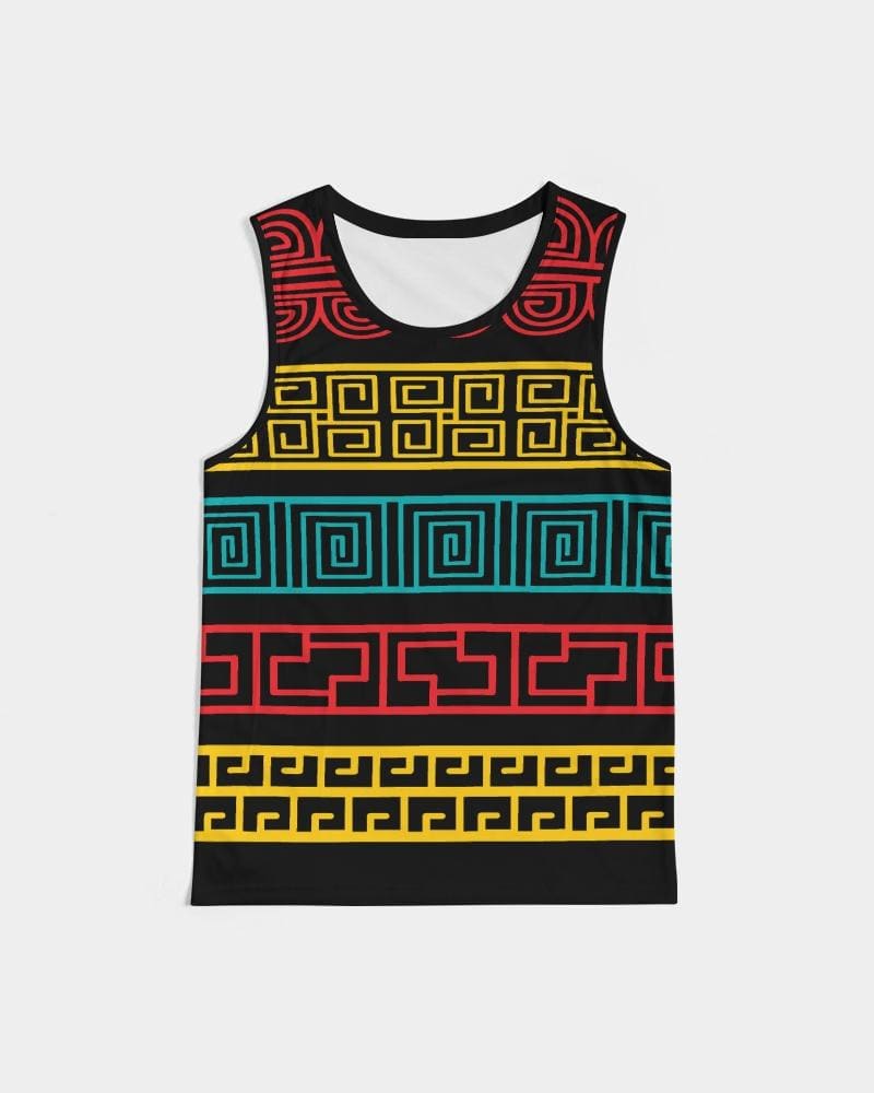 Men's Graphic Tank Top featuring a colorful pattern, soft fabric, and rib-knit trim, ideal for sports and casual wear.