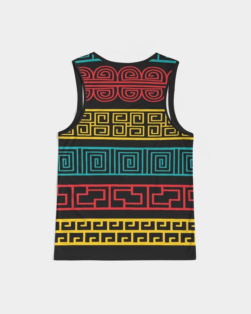 Men's Graphic Tank Top featuring a colorful pattern, soft fabric, and rib-knit trim, ideal for sports and casual wear.