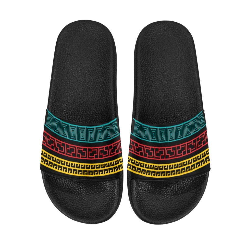 Mens Slide Sandals featuring a vibrant multicolor print with a cushioned sole and customizable strap, perfect for casual wear.