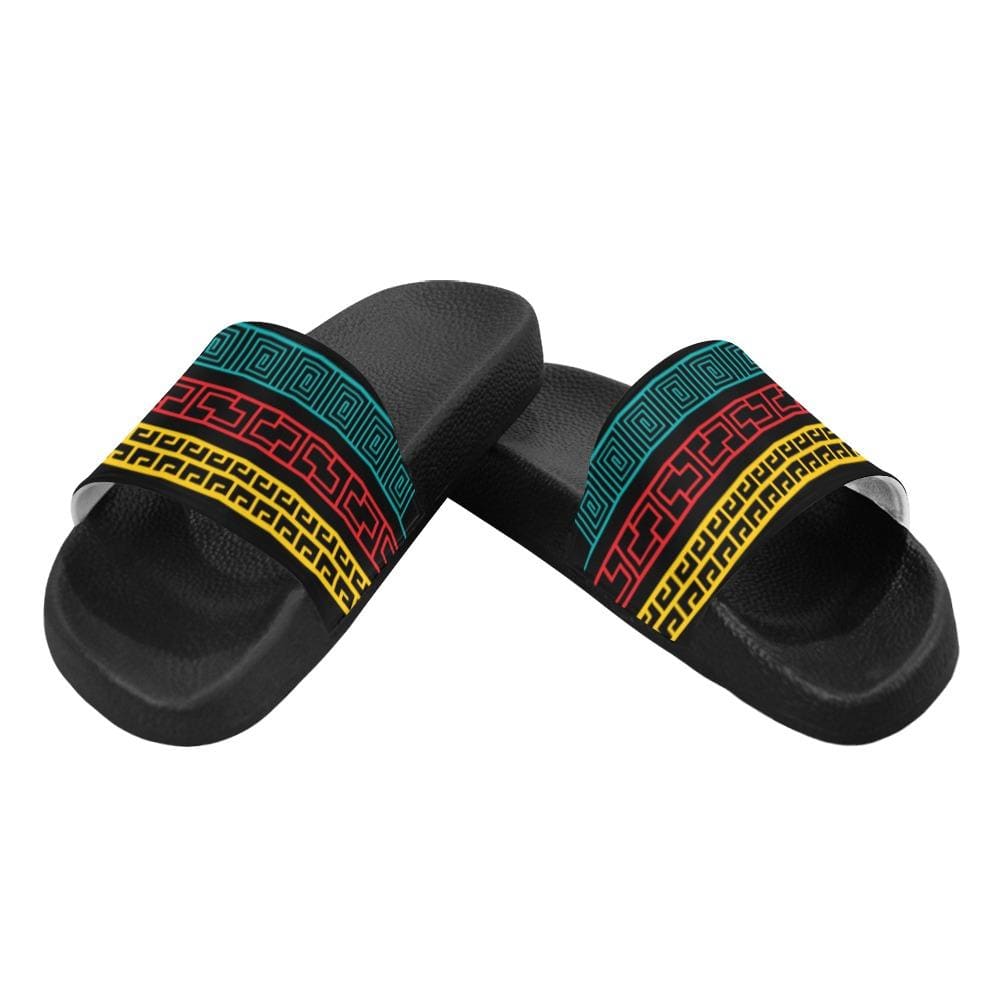 Mens Slide Sandals featuring a vibrant multicolor print with a cushioned sole and customizable strap, perfect for casual wear.