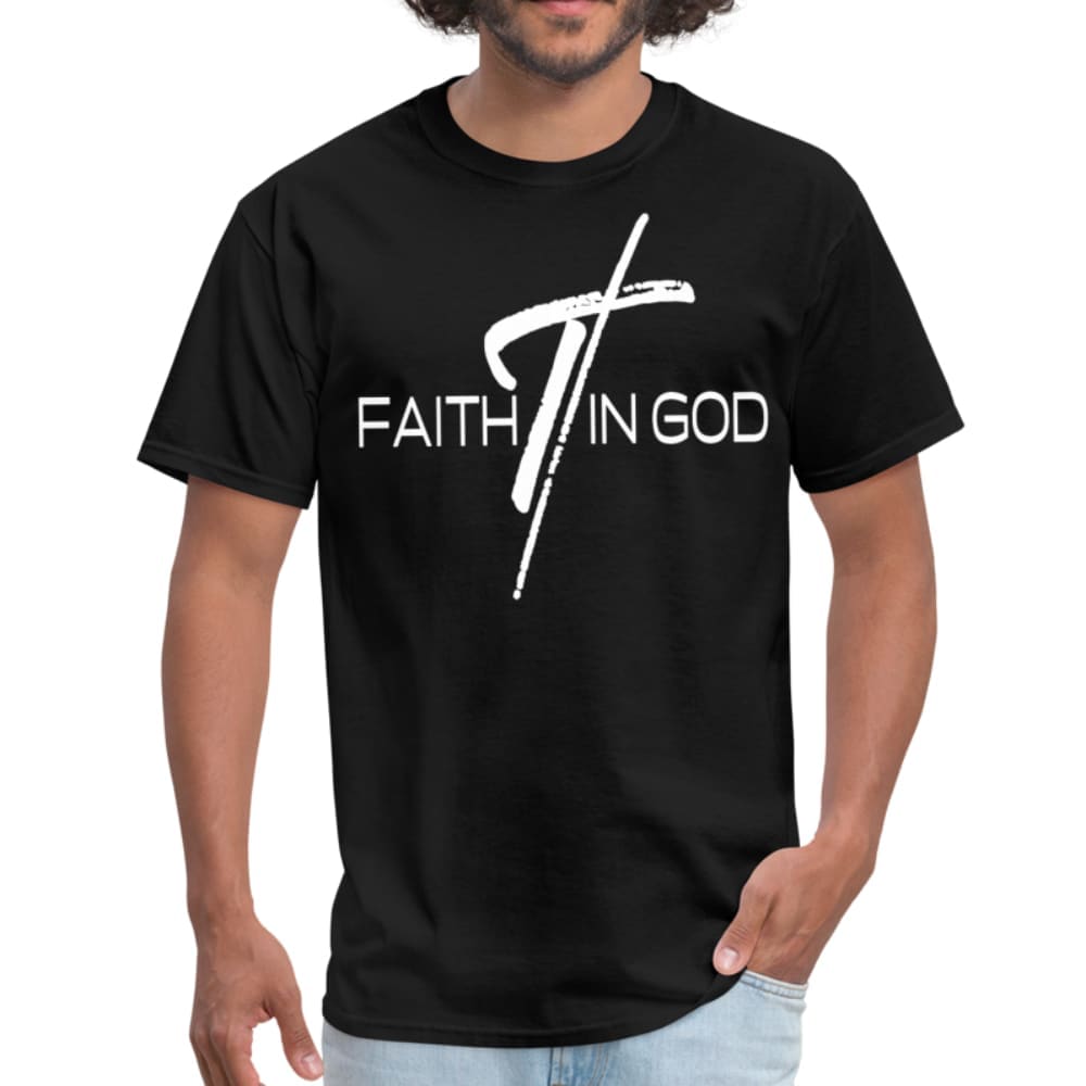 Men's T-shirt featuring a Faith In God graphic design, made from 100% pre-shrunk cotton with reinforced seams.