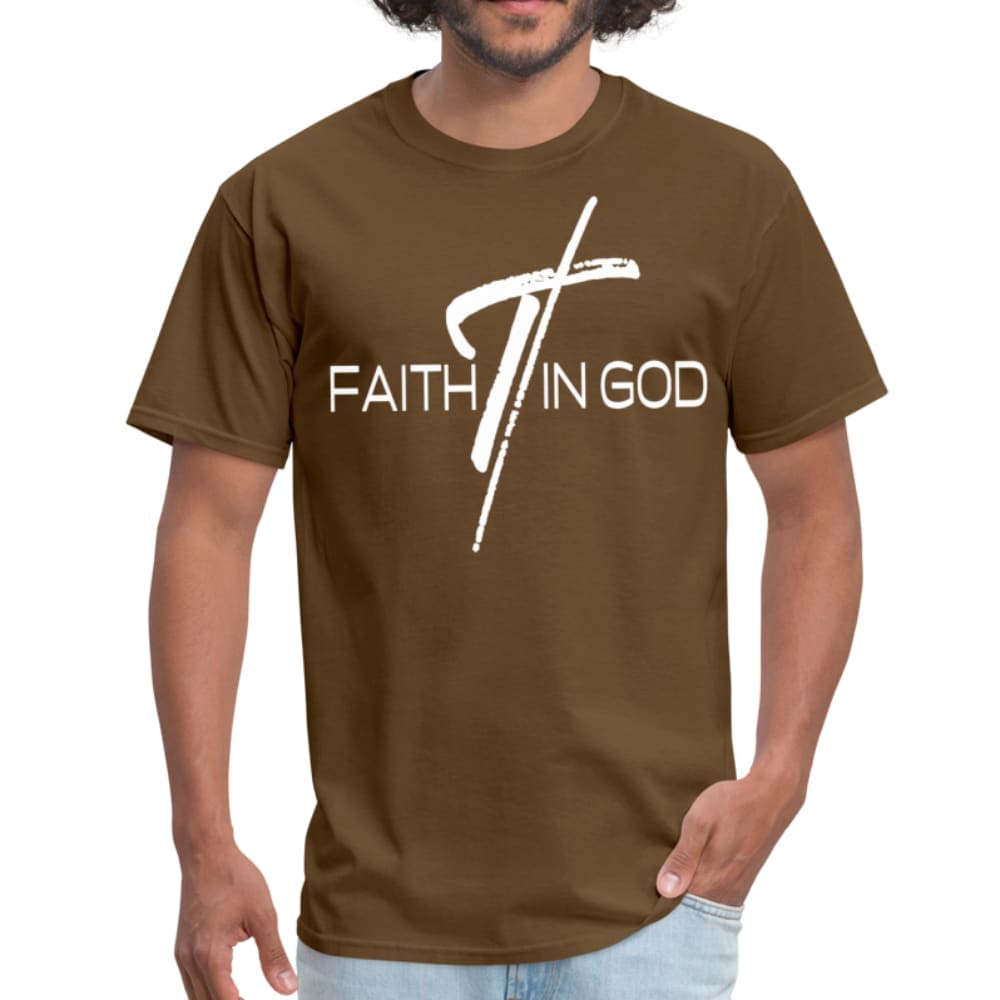 Men's T-shirt featuring a Faith In God graphic design, made from 100% pre-shrunk cotton with reinforced seams.