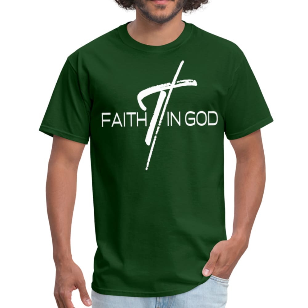 Men's T-shirt featuring a Faith In God graphic design, made from 100% pre-shrunk cotton with reinforced seams.