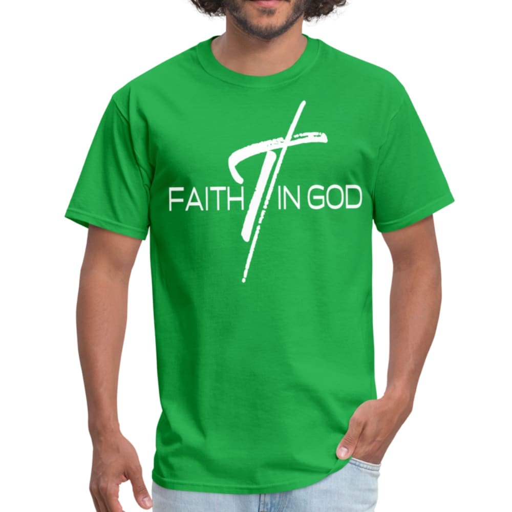 Men's T-shirt featuring a Faith In God graphic design, made from 100% pre-shrunk cotton with reinforced seams.