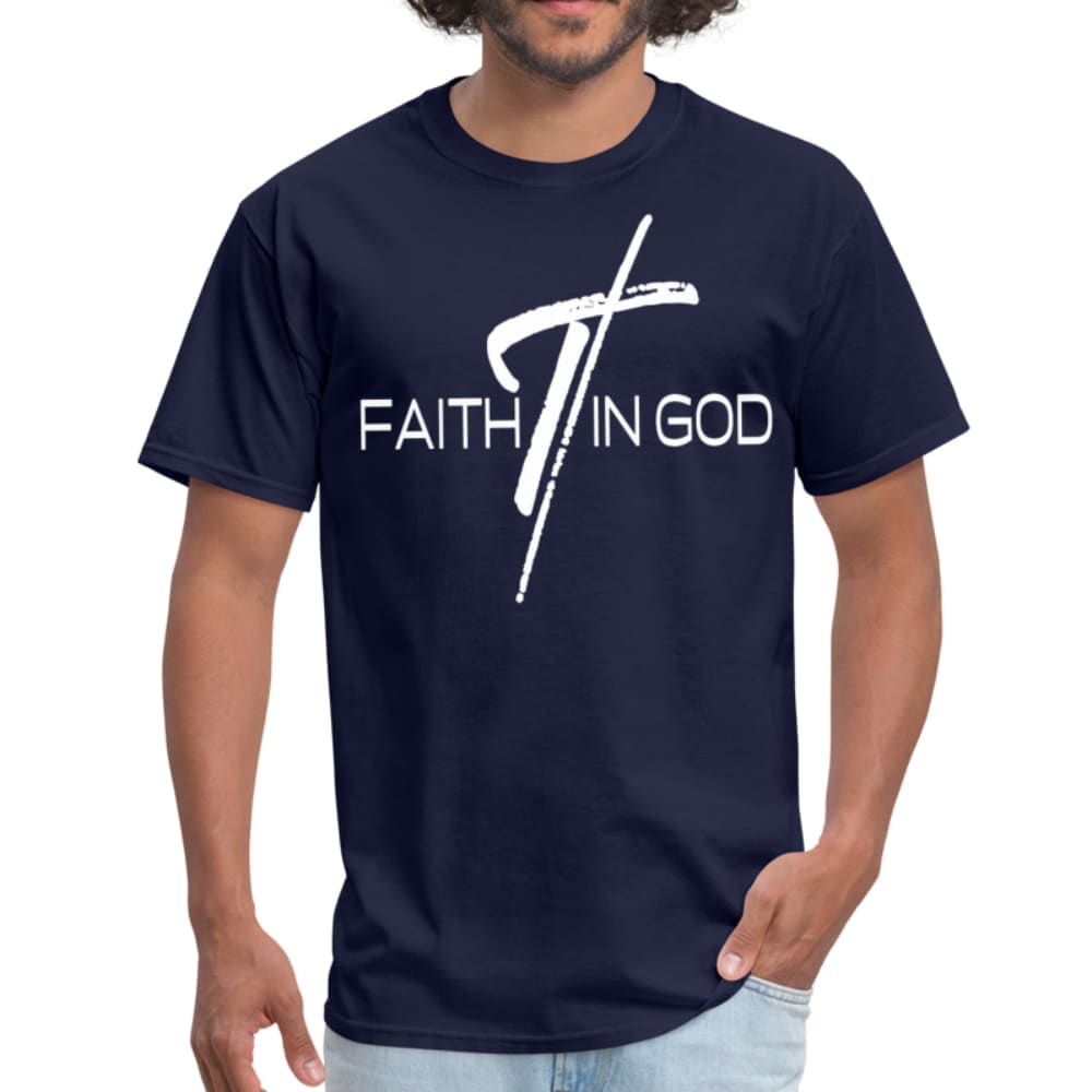 Men's T-shirt featuring a Faith In God graphic design, made from 100% pre-shrunk cotton with reinforced seams.