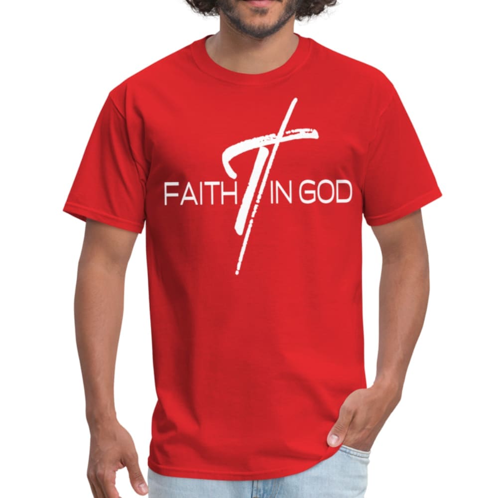 Men's T-shirt featuring a Faith In God graphic design, made from 100% pre-shrunk cotton with reinforced seams.