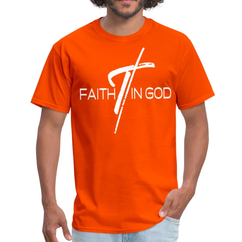 Men's T-shirt featuring a Faith In God graphic design, made from 100% pre-shrunk cotton with reinforced seams.