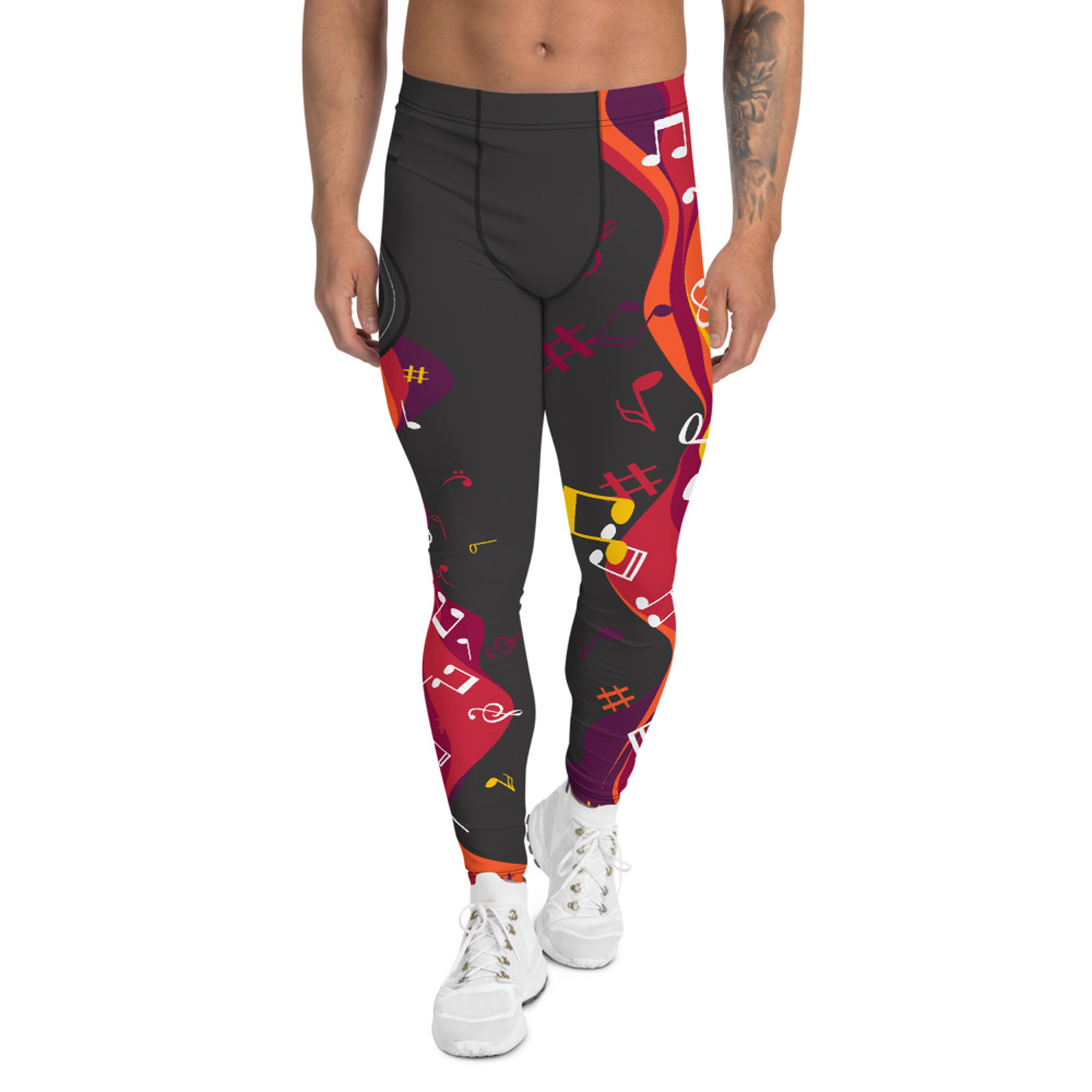 A pair of stylish Musical Leggings for Men, showcasing a unique print design, made from a high-performance fabric blend for comfort and flexibility during workouts.